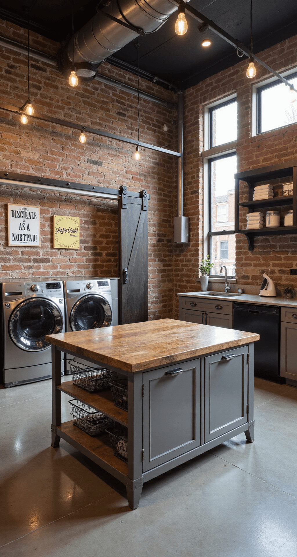 An elevated view of an industrial-chic basement laundry loft featuring polished concrete floors, exposed ductwork, and a massive reclaimed wood sorting island. Commercial-grade washer and dryer units are on one wall, complemented by open metal shelving displaying neatly folded linens. A sliding barn door leads to an ironing station, while warm Edison bulb string lights and vintage laundry artwork enhance the urban atmosphere.