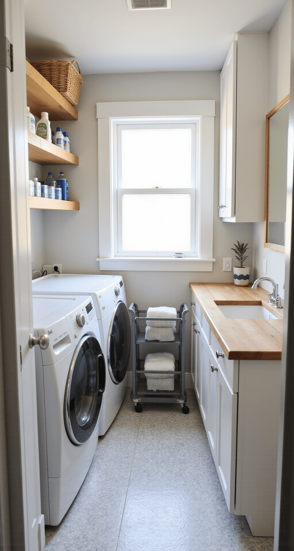 A narrow laundry room with soft afternoon light, featuring a stacked washer-dryer, floor-to-ceiling white cabinets, floating wooden shelves with detergent and baskets, a slim rolling cart with towels, a fold-down countertop, a large mirror reflecting the space, and hexagonal cement tile flooring in gray and white.