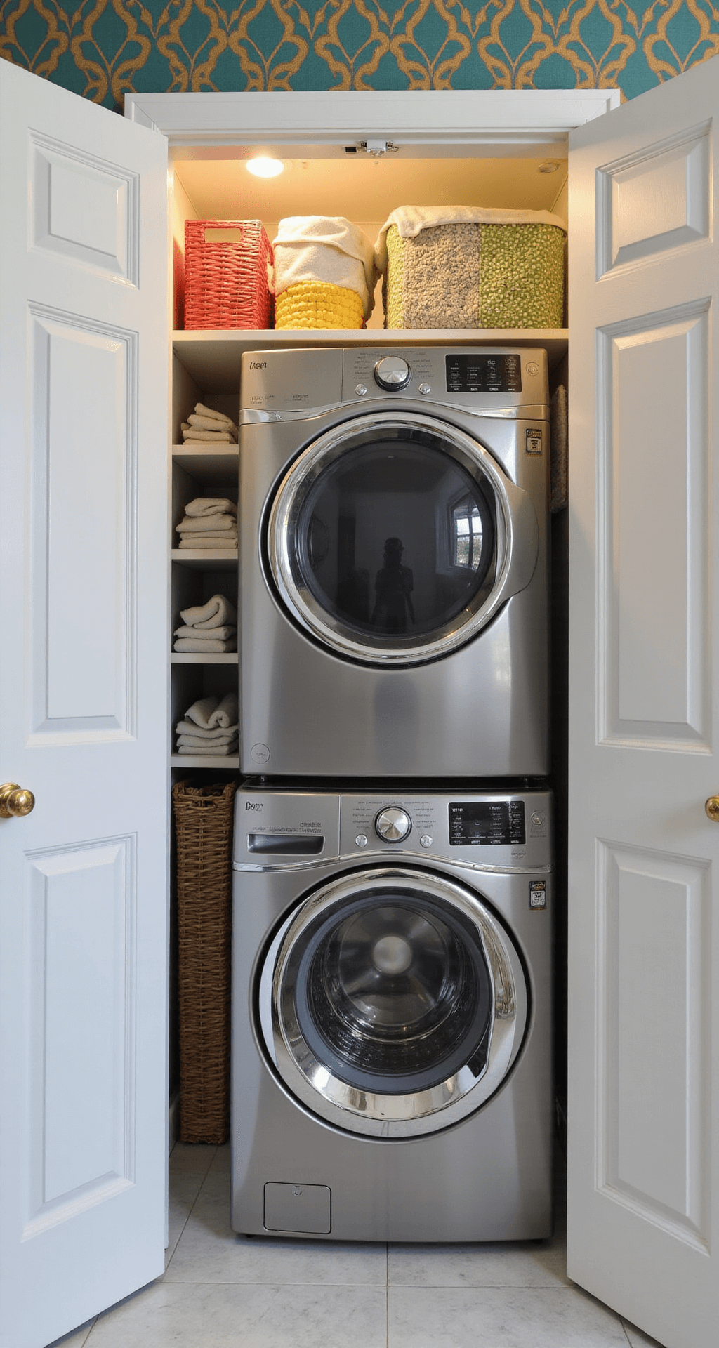 A cozy ultra-narrow laundry closet with a stacked front-loading washer and dryer, white open shelving filled with colorful baskets and linens, a teal and gold geometric wallpaper accent wall, and warm LED lighting.
