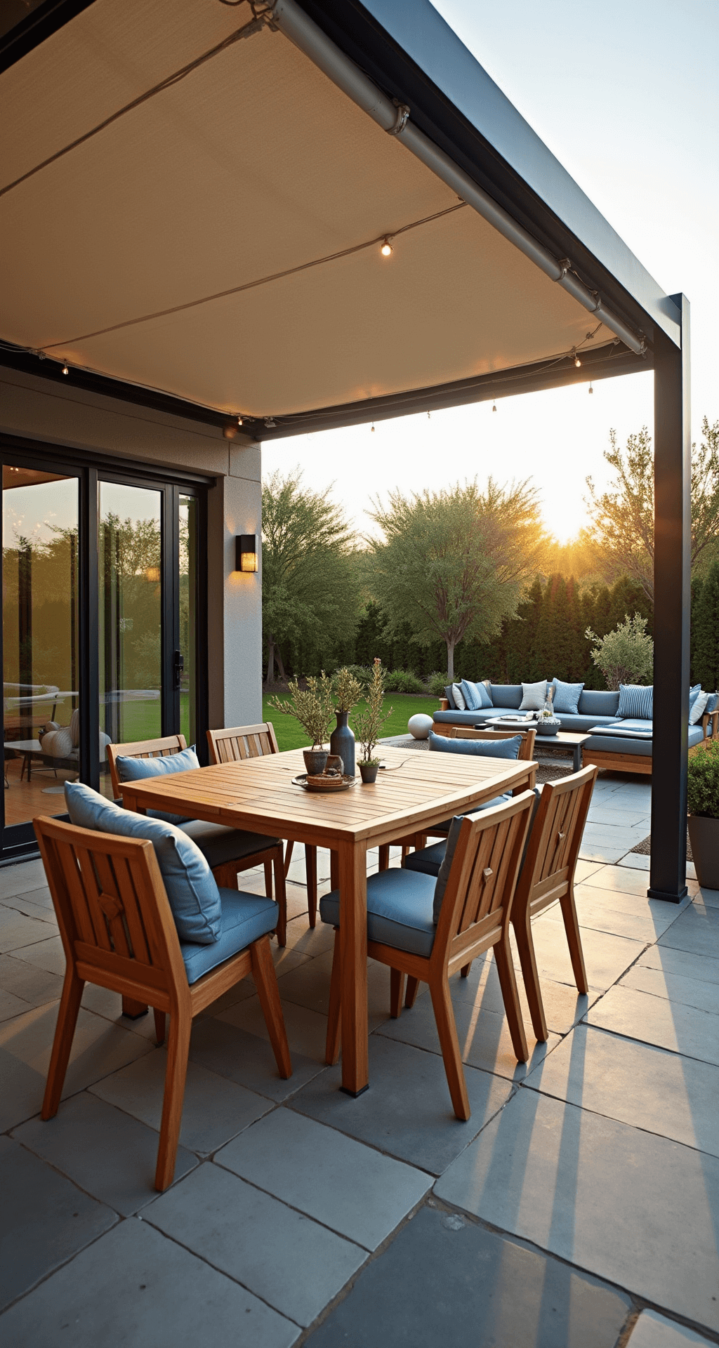 A contemporary 20x30ft patio at golden hour, featuring a teak wood dining set for 8 with coastal blue cushions, a cream retractable pergola, and natural gray stone flooring, framed by potted olive trees and illuminated by string lights and sconces, casting long shadows and warm sunlight.