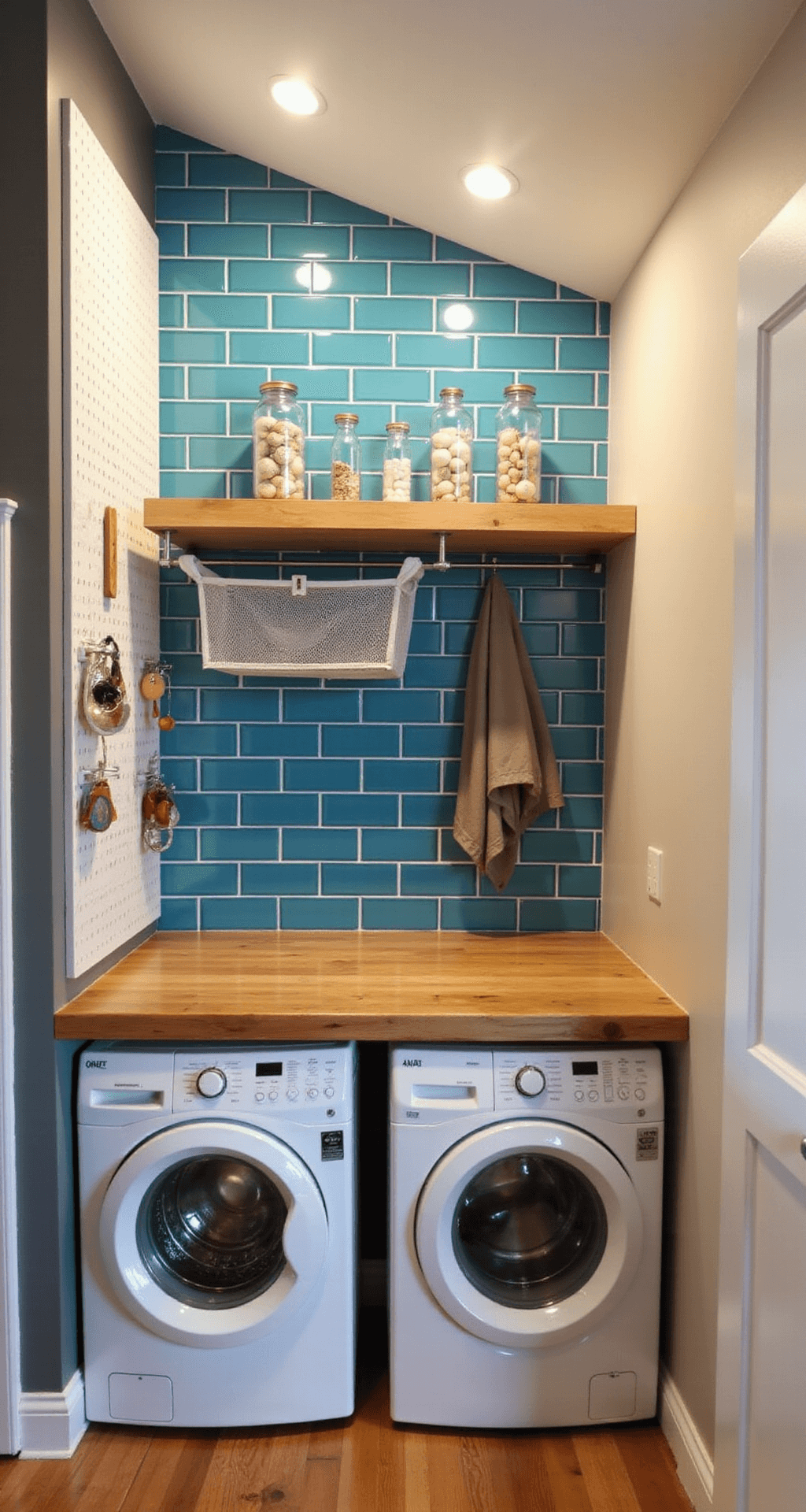 Compact laundry nook under stairs featuring a washer and dryer, butcher block counter, wall-mounted drying rack, vibrant blue subway tile backsplash, white pegboard with laundry tools, floating shelf with jars, and warm bamboo flooring, all illuminated by recessed lighting.