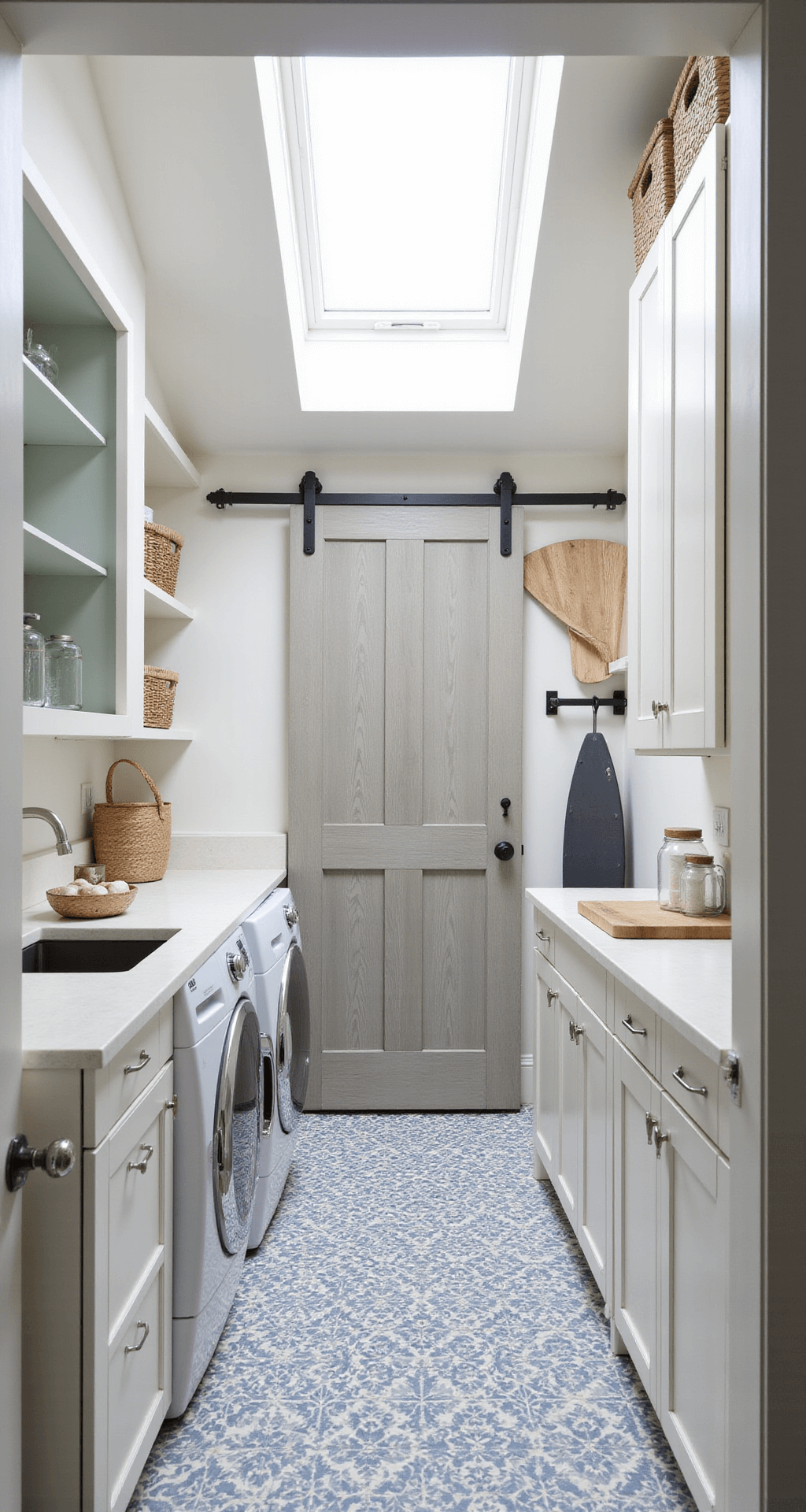 Galley-style laundry room with white shaker cabinets, a farmhouse sink, open shelving, a sliding barn door, and patterned cement tiles, illuminated by natural light from a skylight.