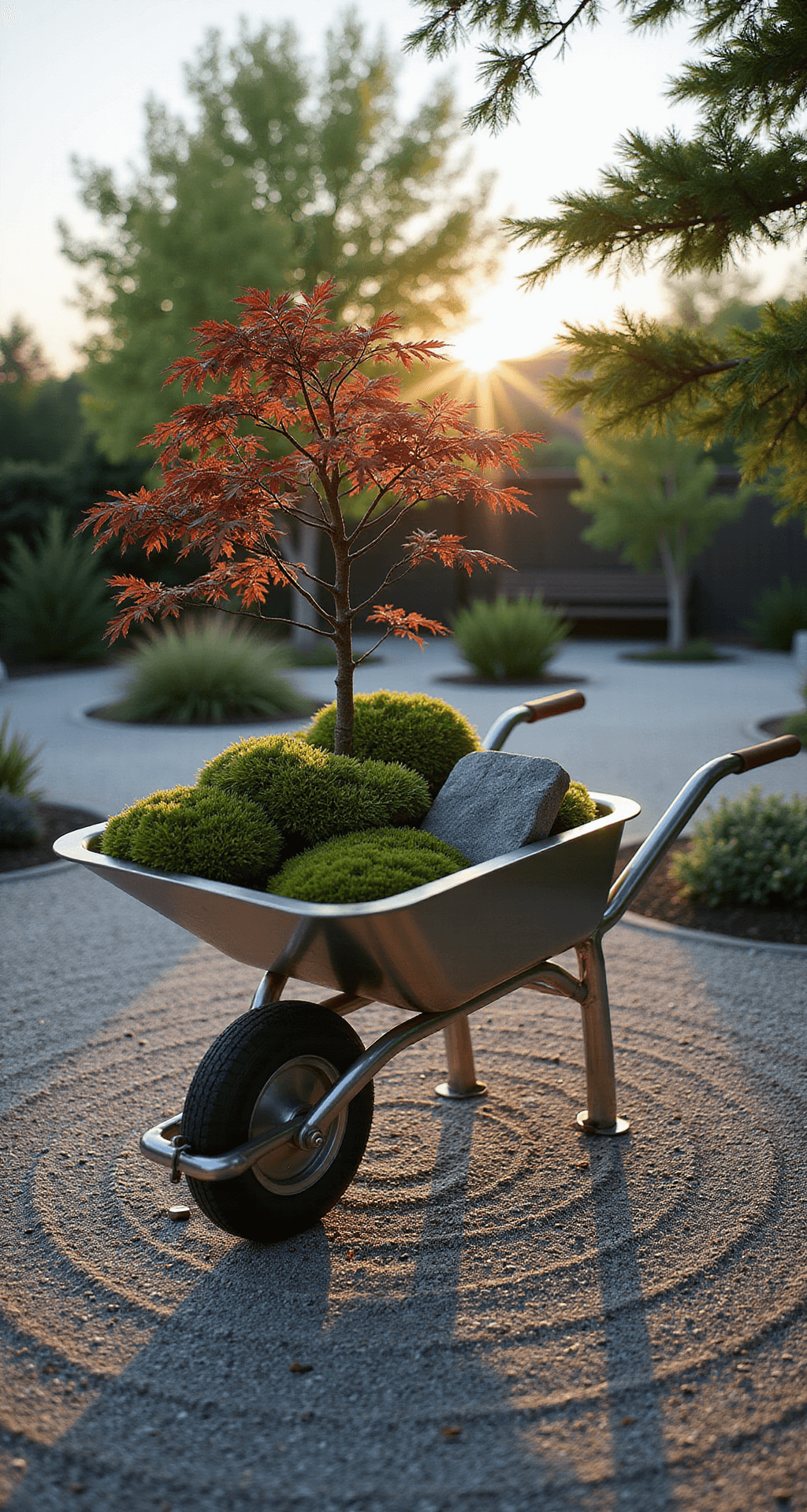 A modern wheelbarrow planter made of brushed stainless steel holds bonsai trees and moss in a minimalist Japanese-inspired garden, illuminated by early evening light with long shadows across a zen rock garden.