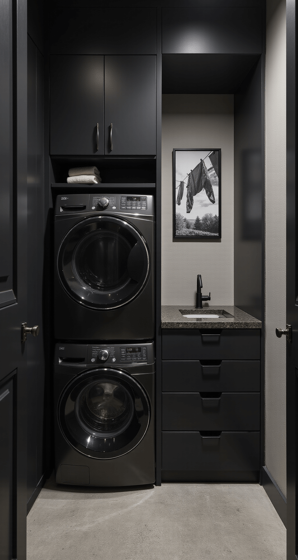A minimalist laundry closet featuring handle-less matte black cabinetry, a concealed stacked washer and dryer, pull-out drawers for storage, and a tension rod for drying delicates, adorned with a large black and white photograph of clotheslines, all set on polished concrete flooring with soft recessed lighting.
