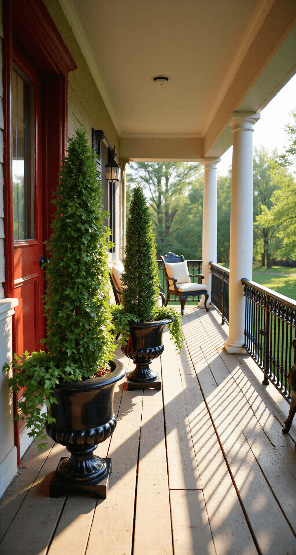 A spacious covered porch with weathered wood floorboards, featuring a glossy red front door flanked by elegant waxleaf privet topiaries in black urns. The scene is bathed in warm late afternoon sunlight, casting long shadows and highlighting lush greenery, including cascading Creeping Jenny and variegated English ivy. A wrought iron bench with cream-colored cushions adds to the inviting atmosphere.