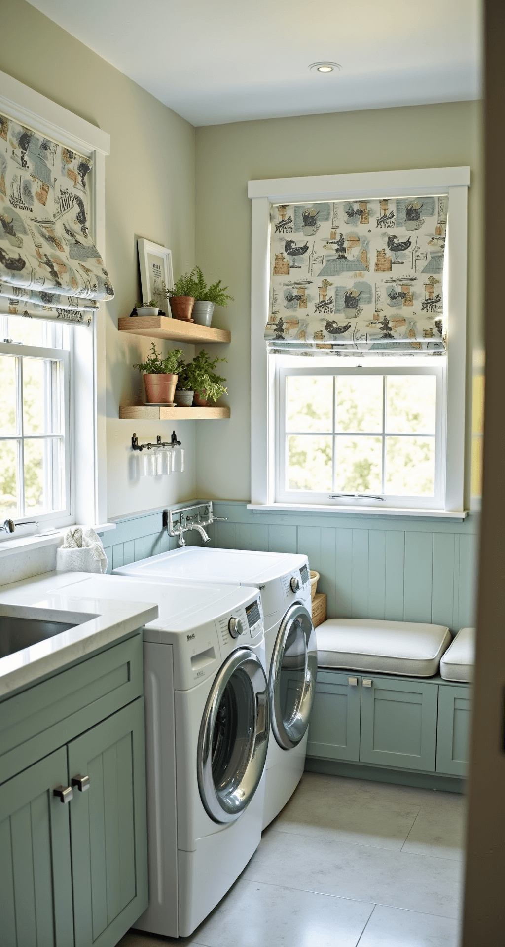 A cozy laundry nook filled with morning light, featuring a white washer and dryer beneath a quartz countertop, pale sage green upper cabinets, whimsical Roman shade, floating shelves with herbs and vintage ads, a wall-mounted drying rack above a cushioned bench with storage, and light gray tiled flooring, all creating a cheerful atmosphere.