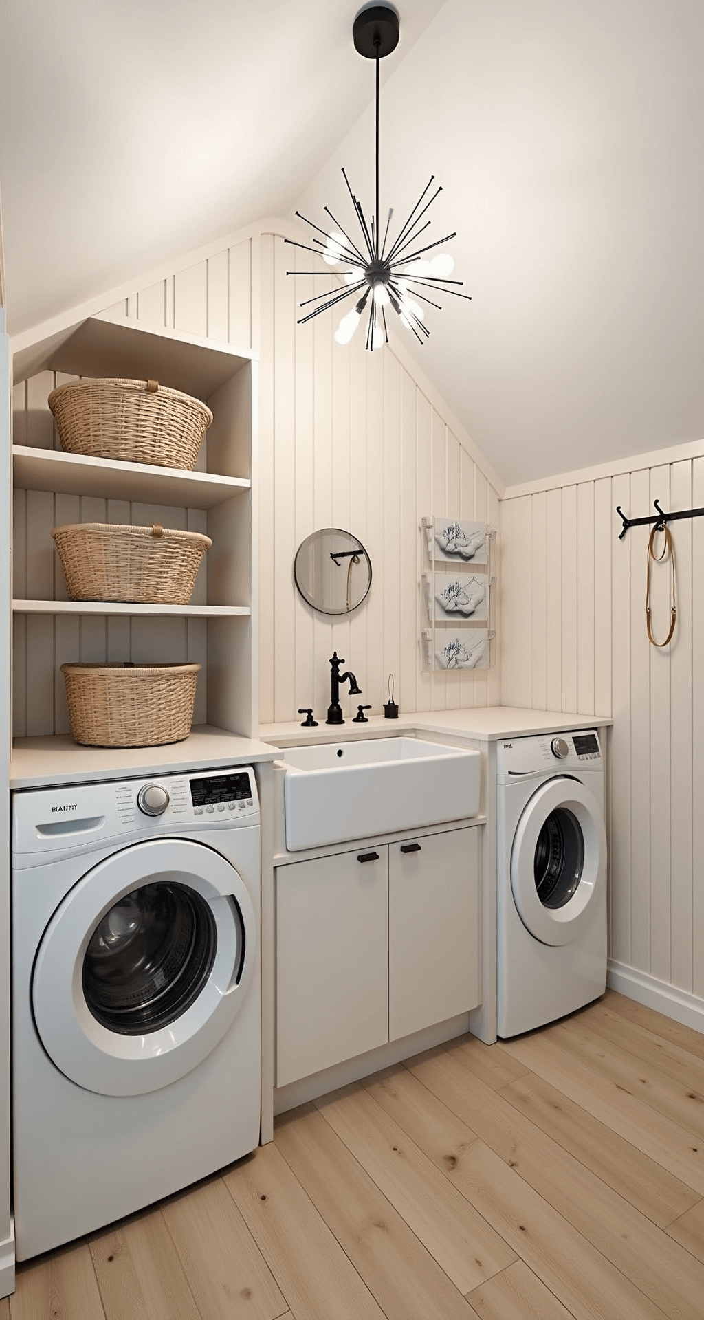 A serene Scandinavian-inspired laundry room featuring a pitched ceiling, modern sputnik chandelier, built-in white washer and dryer, pale wood cabinetry, open shelving with woven baskets, wall-mounted clothes airer, vertical blush shiplap wall, round leather-strapped mirror above a utility sink, and wide-plank light oak flooring.