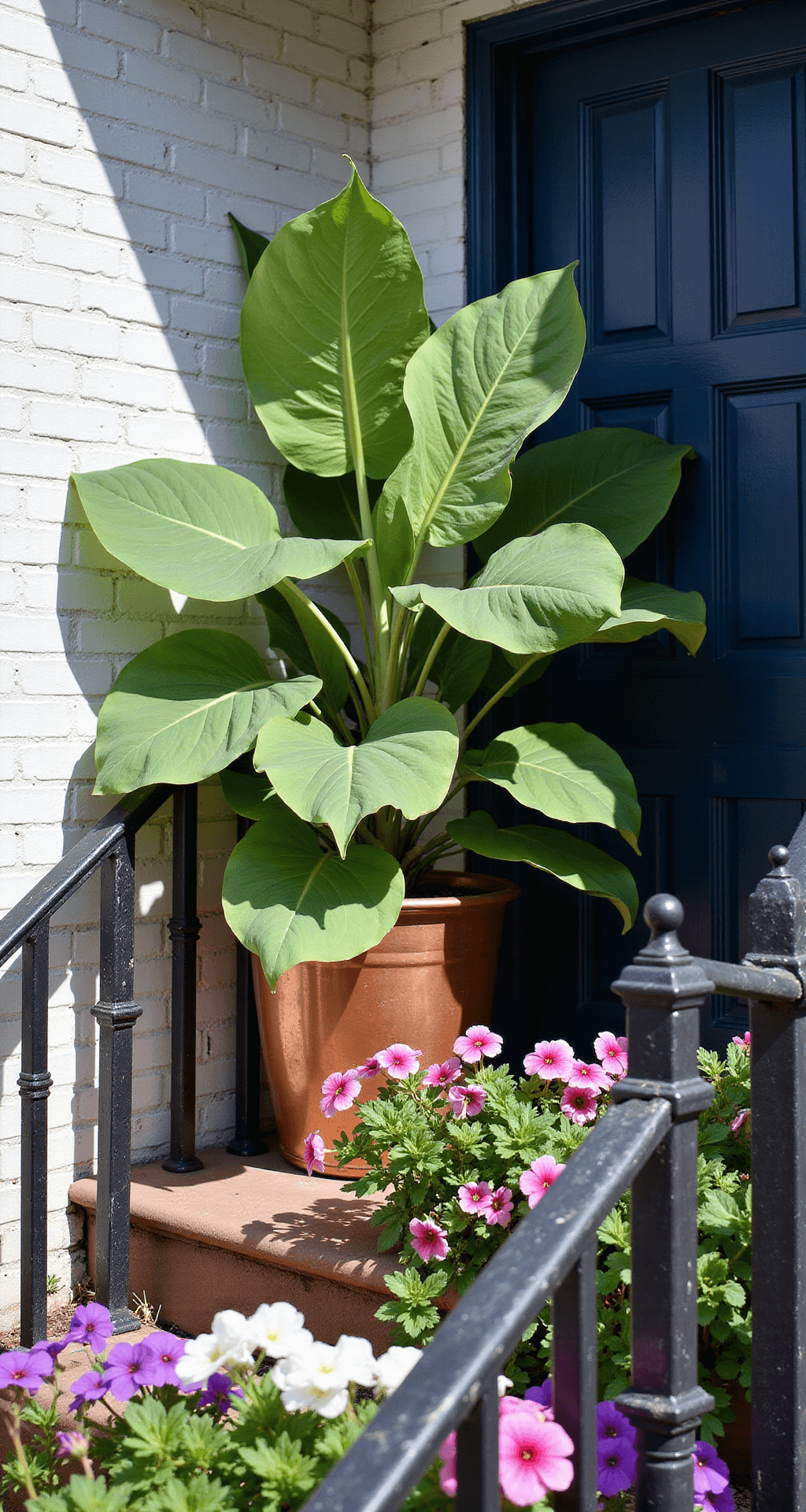 A narrow urban stoop features a large elephant's ear plant in a copper planter beside a navy blue door, with colorful impatiens surrounding it, creating vibrant contrasts against a whitewashed brick wall, captured in bright midday sun.