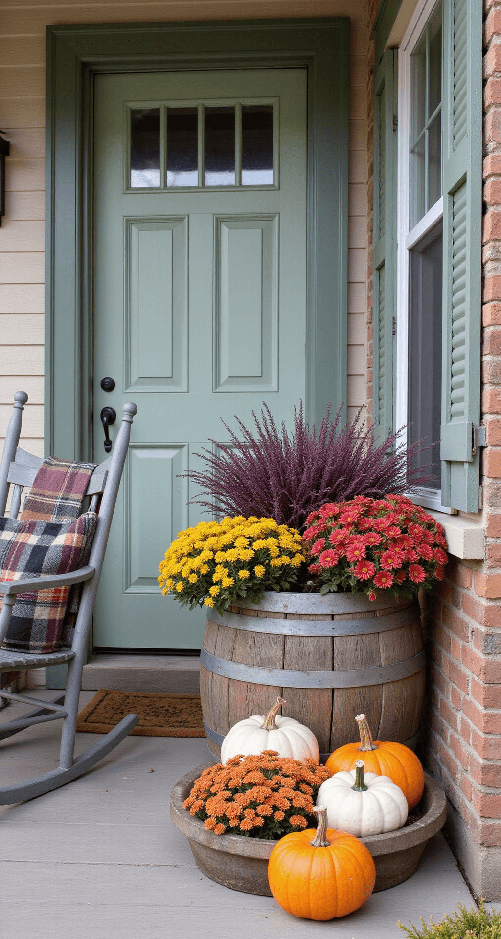 A charming cottage porch in autumn, featuring a sage green Dutch door, two large weathered wooden half-barrels overflowing with purple fountain grass, bright orange and white pumpkins, and deep red and gold mums, all softened by morning mist. A vintage rocking chair with a plaid wool throw adds to the cozy atmosphere, illuminated by diffused morning light.