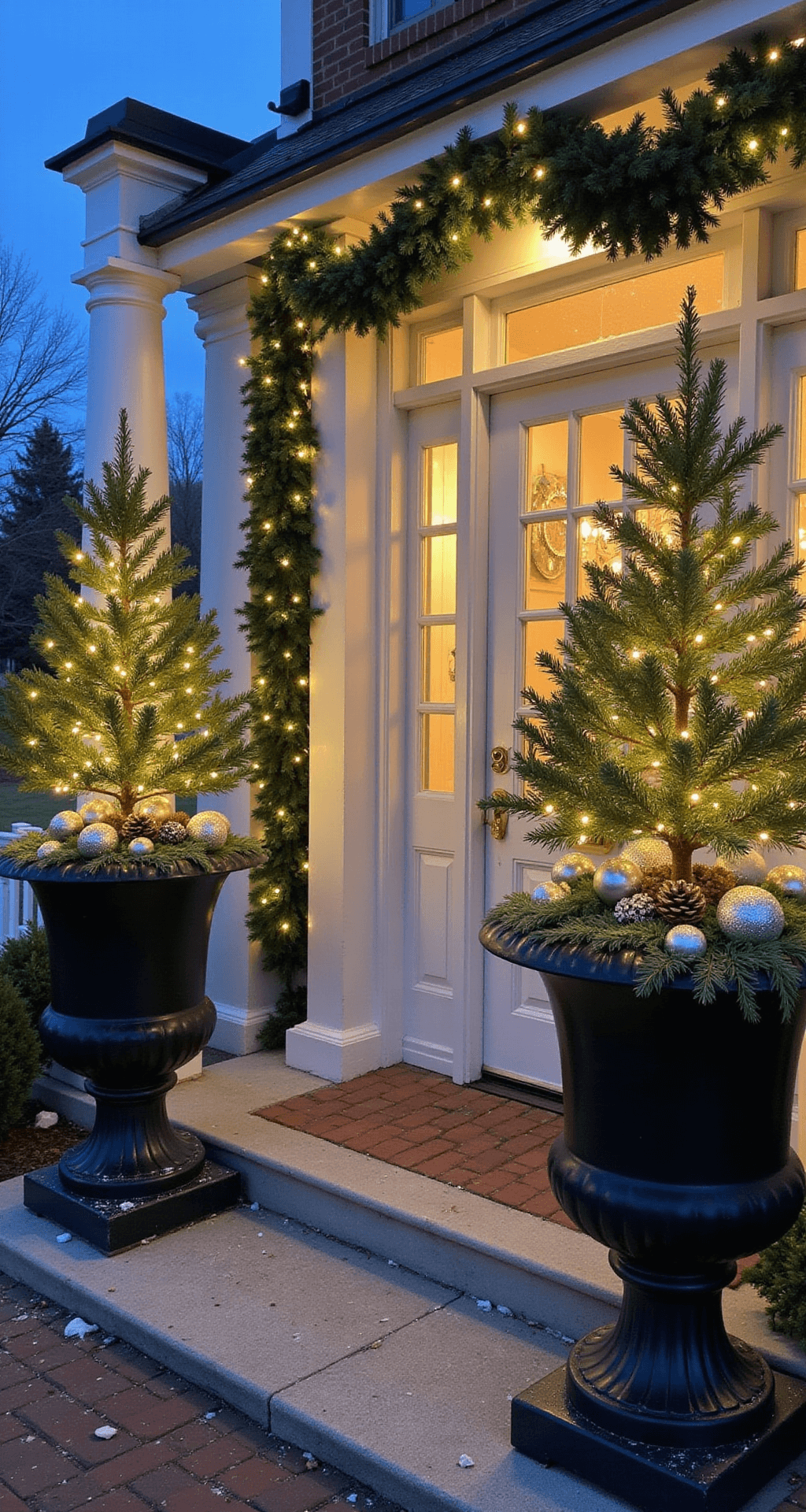 A grand colonial entrance at twilight adorned for the holiday season, featuring glossy black urns with miniature evergreen trees twinkling with fairy lights, a garland framing the white door, and fresh snow creating a magical atmosphere.