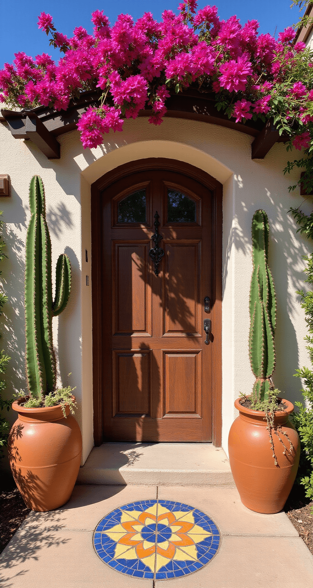 A bright Mediterranean-style entryway featuring a fuchsia bougainvillea over a wooden door, large terracotta pots with Peruvian Apple Cacti, colorful succulents, and a blue and yellow mosaic tile threshold, all under strong midday lighting.