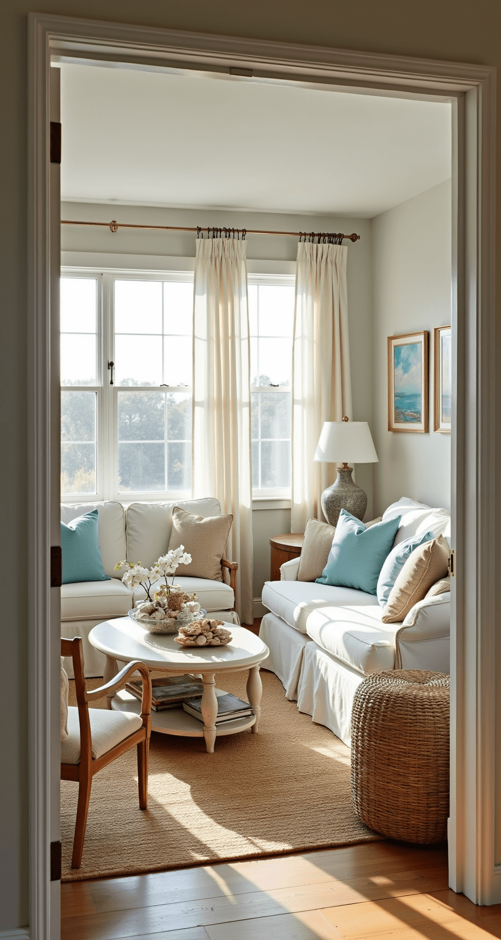 A wide-angle view of a coastal living room with large windows, showcasing a crisp white sofa, rattan chairs, and natural décor elements, illuminated by golden hour sunlight filtering through sheer curtains.