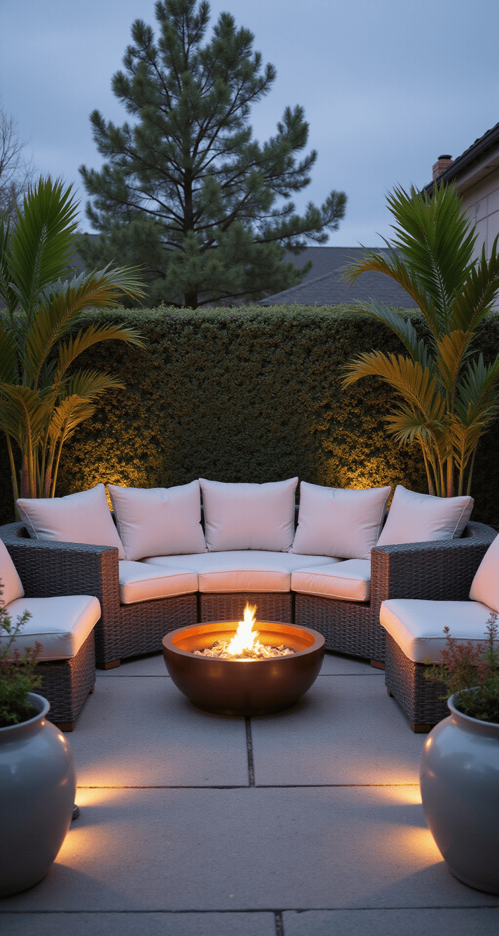 Intimate conversation nook featuring a weathered gray wicker sectional with plush white cushions, a circular hammered copper fire pit, and textured concrete flooring with inlaid LED lighting, enhanced by tropical plants in ceramic planters, all set at twilight for a warm glow.