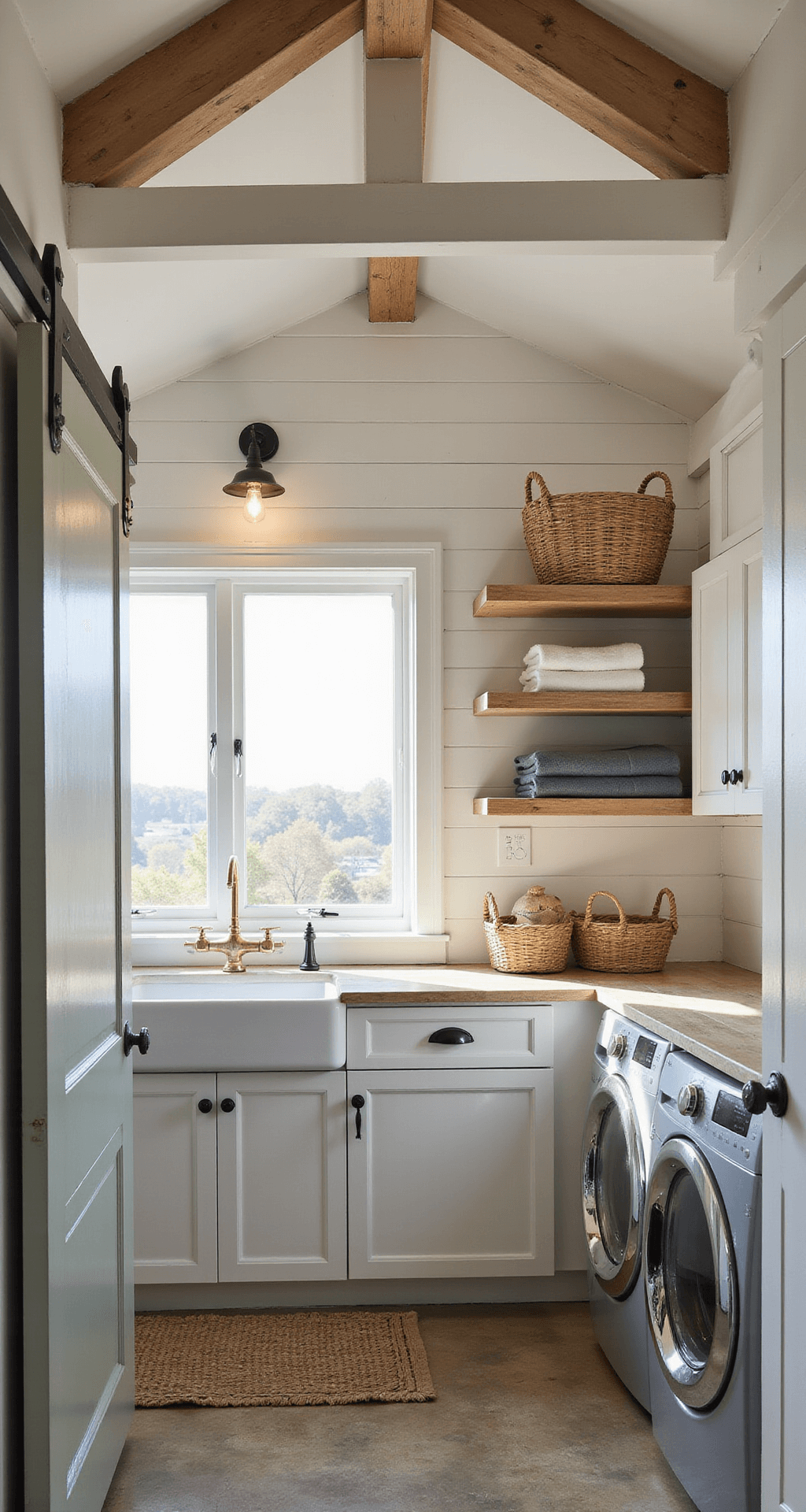 A spacious laundry room featuring vaulted ceilings and exposed wooden beams, with morning sunlight illuminating a farmhouse sink, front-loading washer and dryer, reclaimed wood countertop, and white shiplap walls, accented by a sage green sliding barn door and vintage pendant lights.