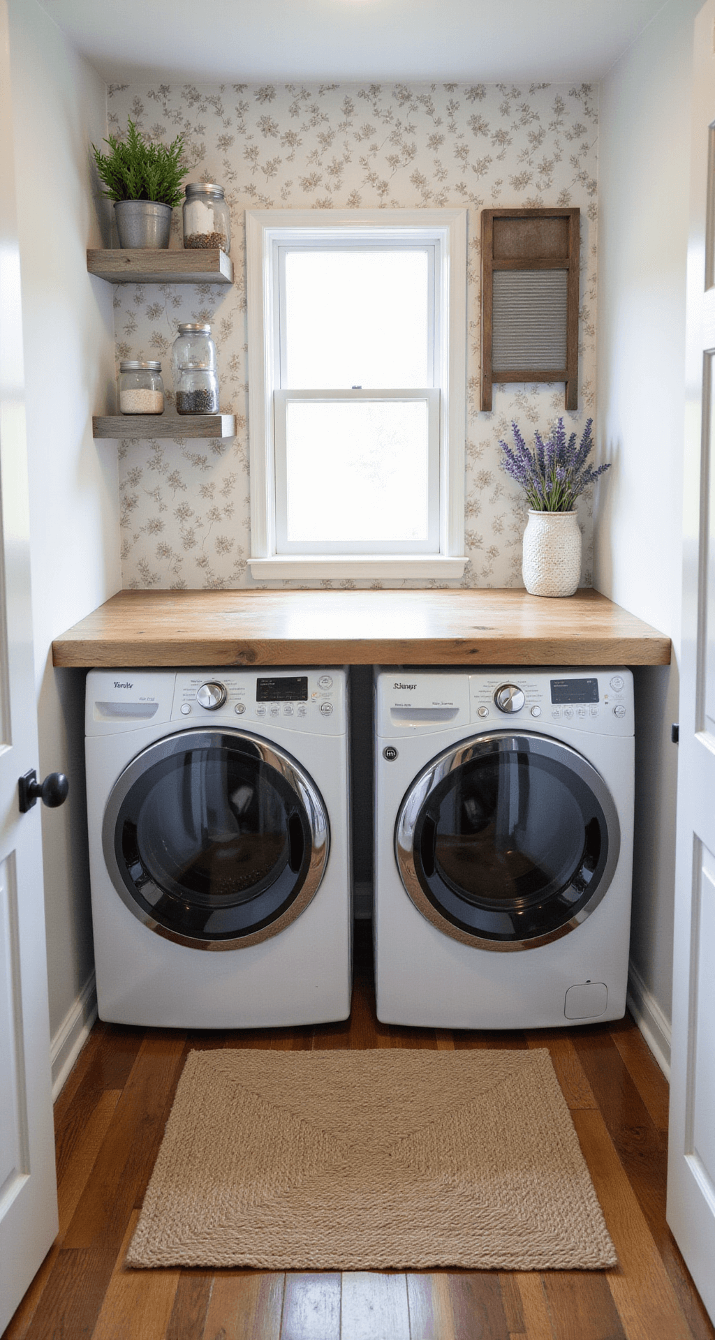 A cozy laundry nook featuring a stacked washer and dryer, butcher block folding counter, and floating gray wood shelves adorned with mason jars and a potted lavender plant, all illuminated by soft afternoon light.