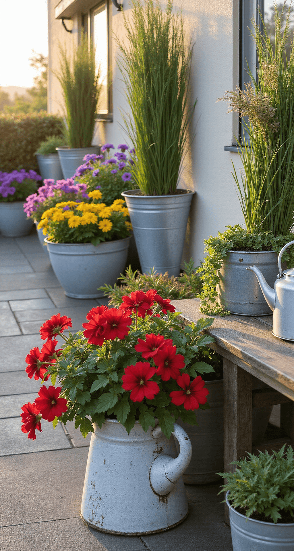 A cozy sunlit patio featuring a mix of rustic and industrial planters; a weathered milk can overflowing with red geraniums, galvanized buckets with purple petunias and yellow million bells, and geometric concrete planters with ornamental grasses. A vintage teapot amidst ivy rests on a distressed wooden table, all bathed in warm golden hour light.