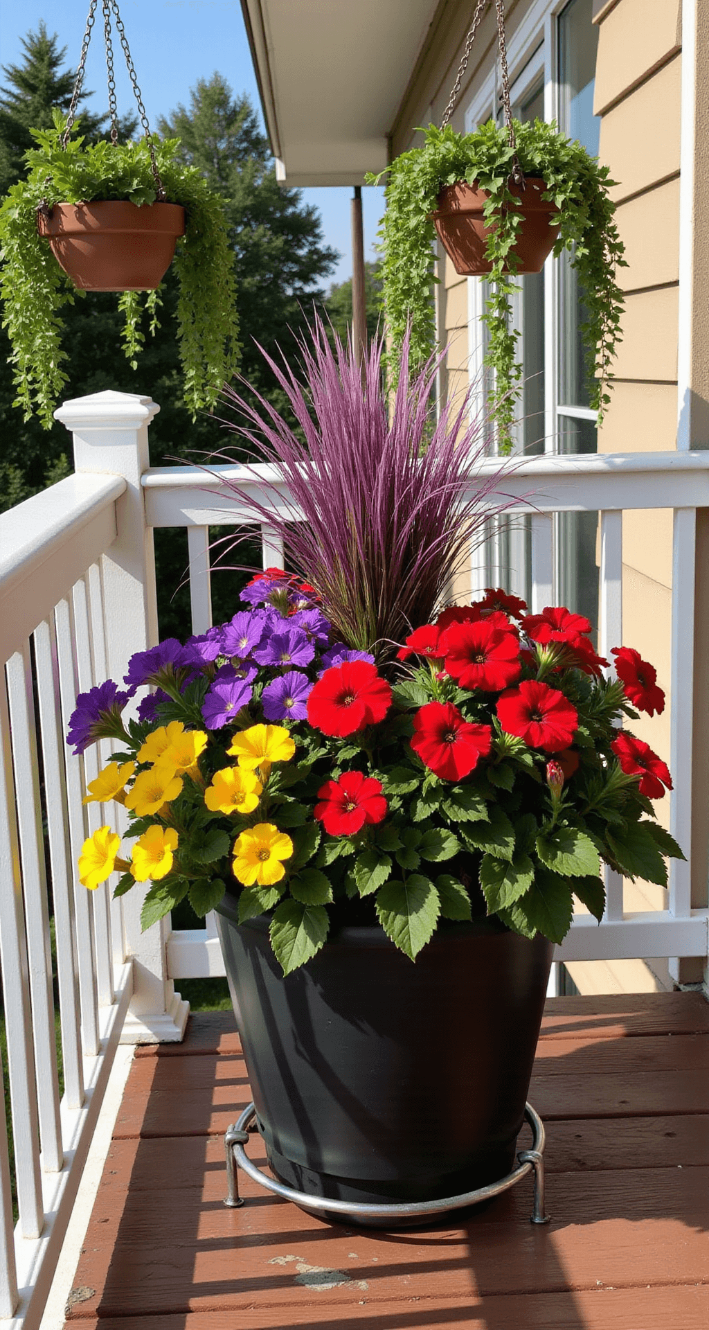 A vibrant apartment balcony with a modern planter filled with bright red geraniums, purple petunias, and yellow million bells, complemented by purple fountain grass. The planter is on a sleek metal stand over warm wood decking, framed by hanging baskets of trailing ivy. The scene is captured at eye level in bright natural light, highlighting the vivid colors against white railings and deep brown wood.