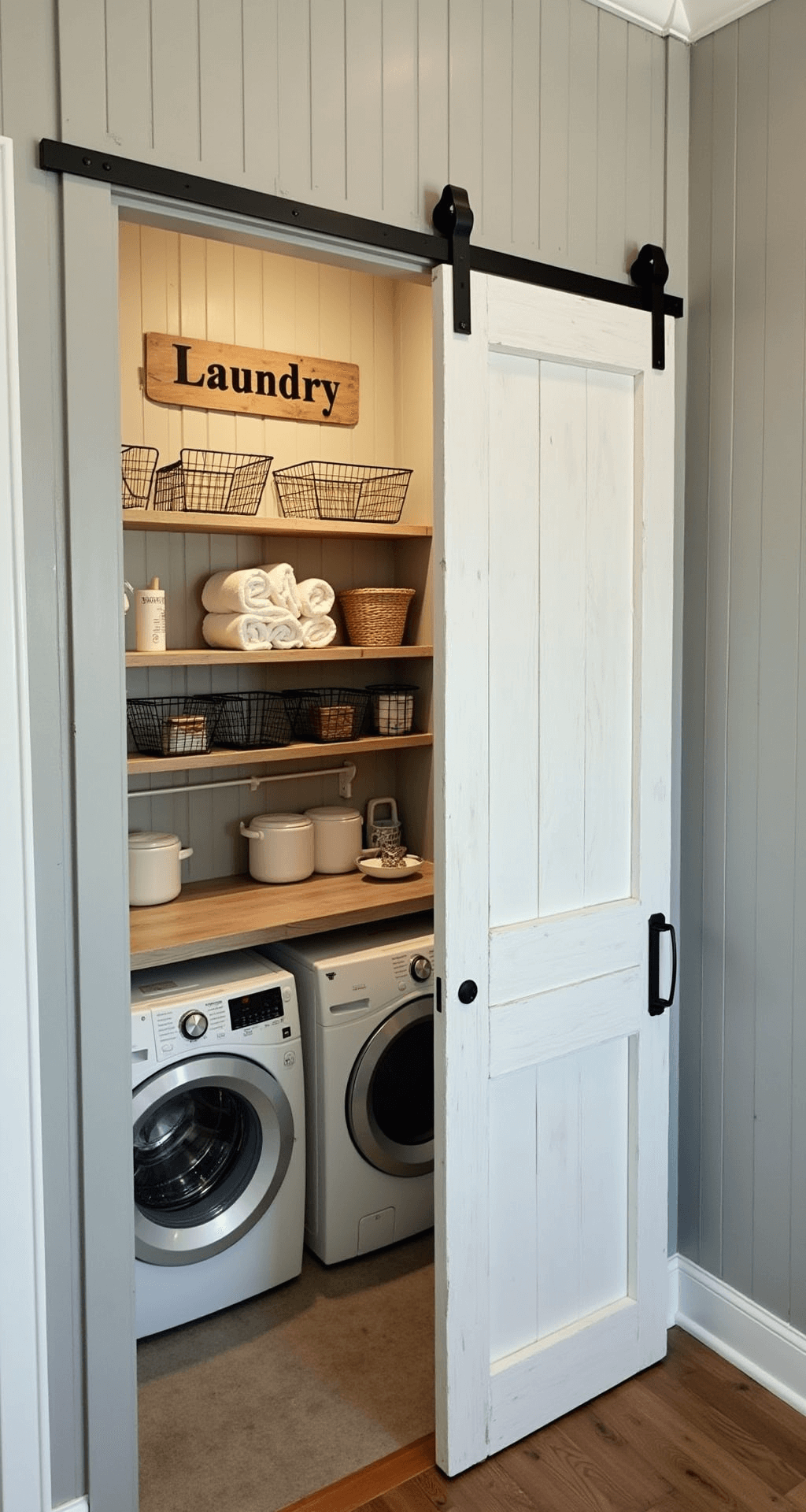 A cozy farmhouse-inspired laundry closet featuring soft gray beadboard walls, a partially open distressed white barn door, a compact washer and dryer under a reclaimed wood shelf, wire baskets with rolled towels and cleaning supplies, a galvanized metal hanging rod, a vintage 'Laundry' sign, and woven wicker baskets on the floor, all lit by natural and warm artificial light.