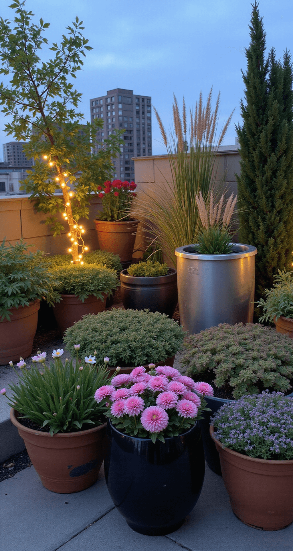 A high-angle view of a 25x30ft rooftop garden at dusk, featuring a tiered display with cascading sedum from terracotta pots in the foreground, compact pink dahlias in glossy black planters mid-ground, and tall snapdragons with ornamental grasses in brushed metal containers at the back. Fairy lights illuminate the garden, creating a magical ambiance against the cool blue dusk sky.