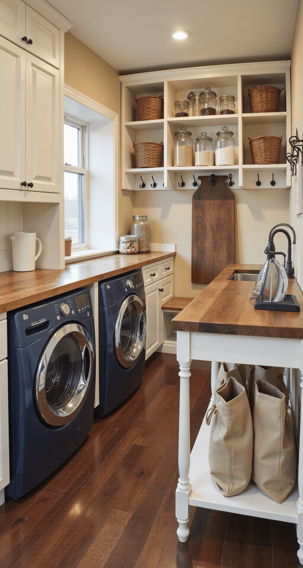 A spacious L-shaped laundry and mudroom featuring warm beige walls, dark hardwood floors, built-in cream lockers, a navy blue washer and dryer with a butcher block countertop, a farmhouse sink, and a vintage ironing board as a folding table, all illuminated with a mix of natural and warm artificial light.
