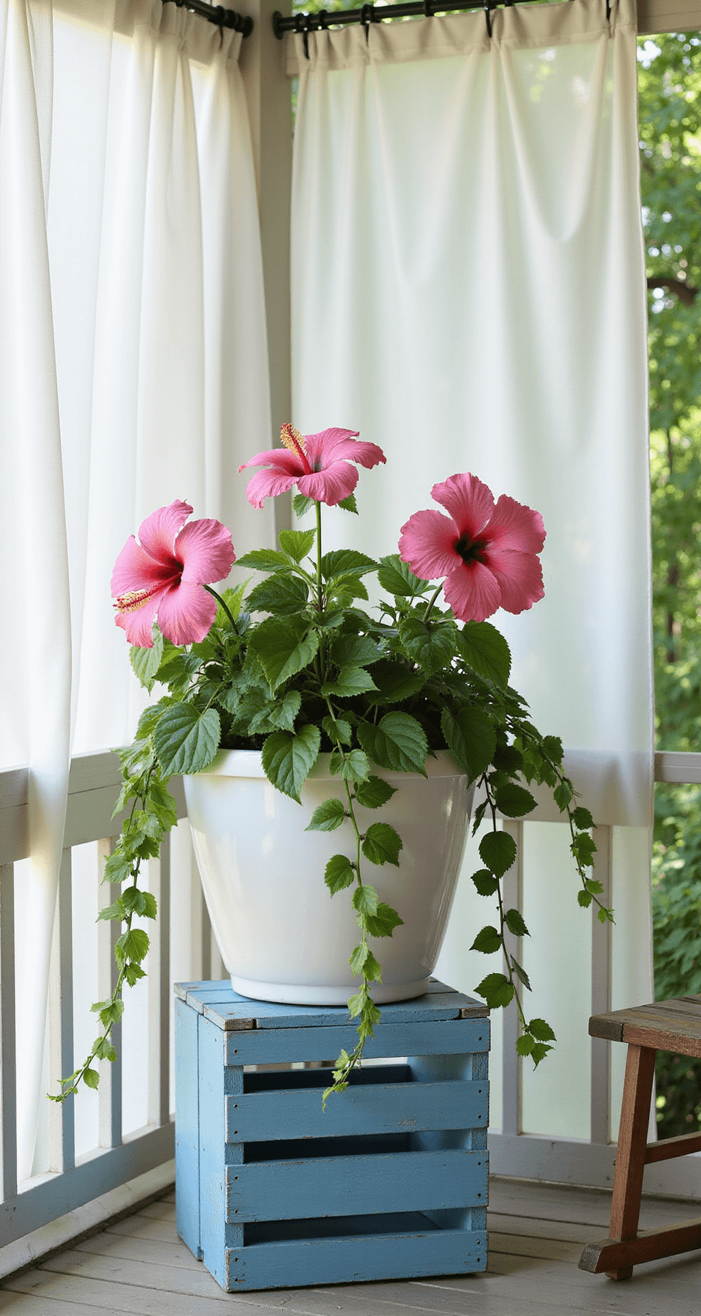 A serene screened-in porch at dawn featuring a large white ceramic planter with a vibrant pink hibiscus and cascading English ivy, set atop a distressed blue wooden crate, framed by sheer white curtains gently moving in the morning breeze, all illuminated by soft, diffused light.