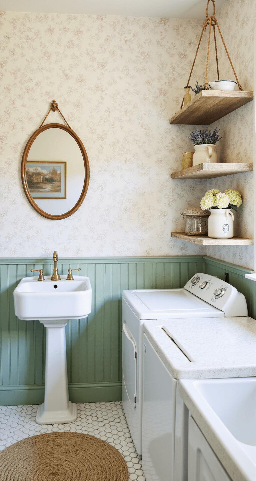 A charming laundry room with soft green beadboard wainscoting and delicate floral wallpaper in cream and pale pink. Features a pedestal sink with brass fixtures, a round mirror in a weathered wood frame, front-loading white appliances, and a white quartz countertop. Open shelving displays vintage enamelware filled with dried lavender and white hydrangeas, while a distressed wooden drying rack hangs from the ceiling. A braided wool rug in soft pastels complements the white hexagon tile floor, all captured in soft, diffused lighting.