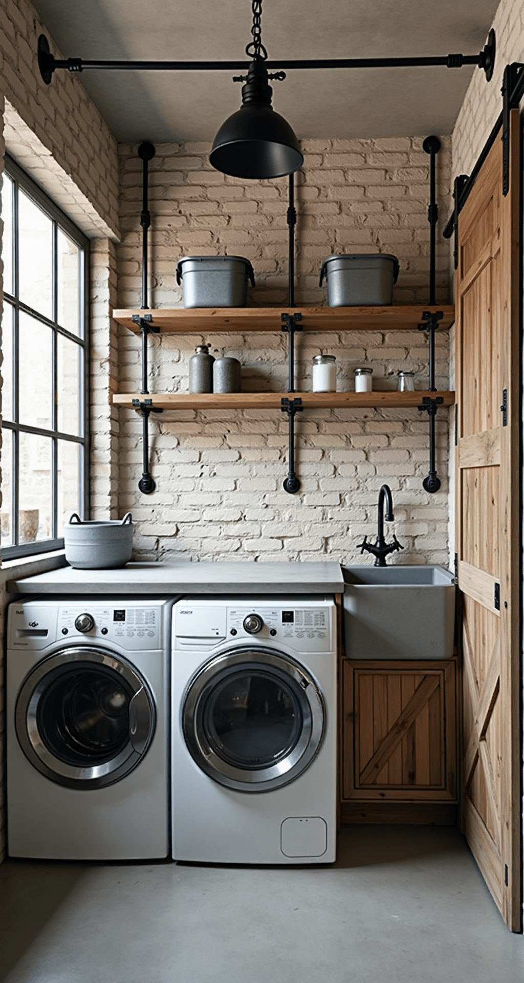 A rustic-industrial laundry room featuring exposed white brick walls, polished concrete floors, and a custom washer-dryer surround with black metal framing and reclaimed wood shelving. Open pipe shelving holds metal bins and glass containers, while a large industrial sink occupies one corner. Vintage factory lights hang from the ceiling, and a sliding door made from barn wood completes the urban farmhouse aesthetic.