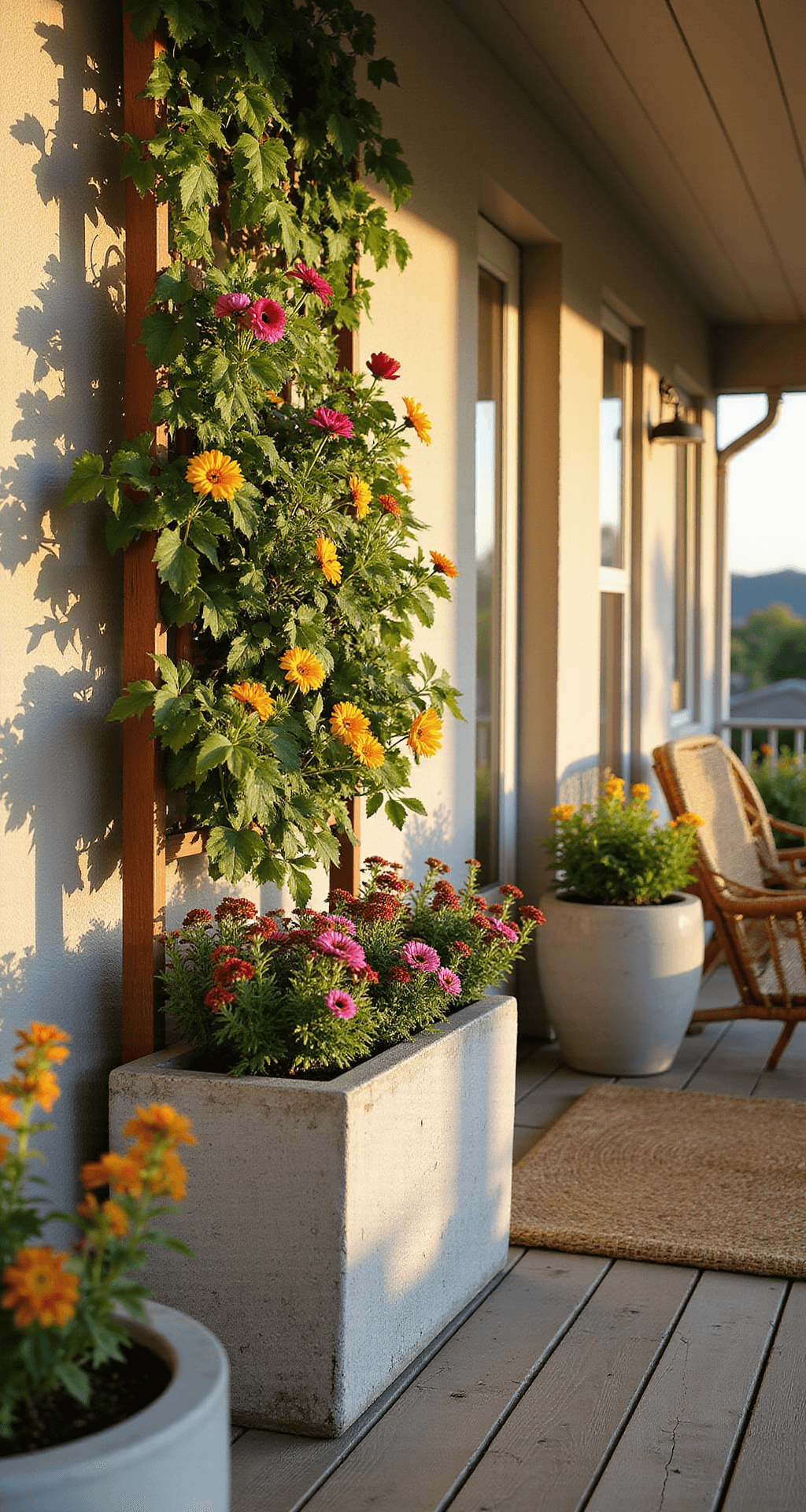 A spacious covered porch featuring a tall garden trellis planter filled with colorful pansies, tulips, and heuchera, flanked by concrete planters of lantanas and coneflowers, with rattan furniture on a vintage jute rug, all bathed in warm golden hour light.