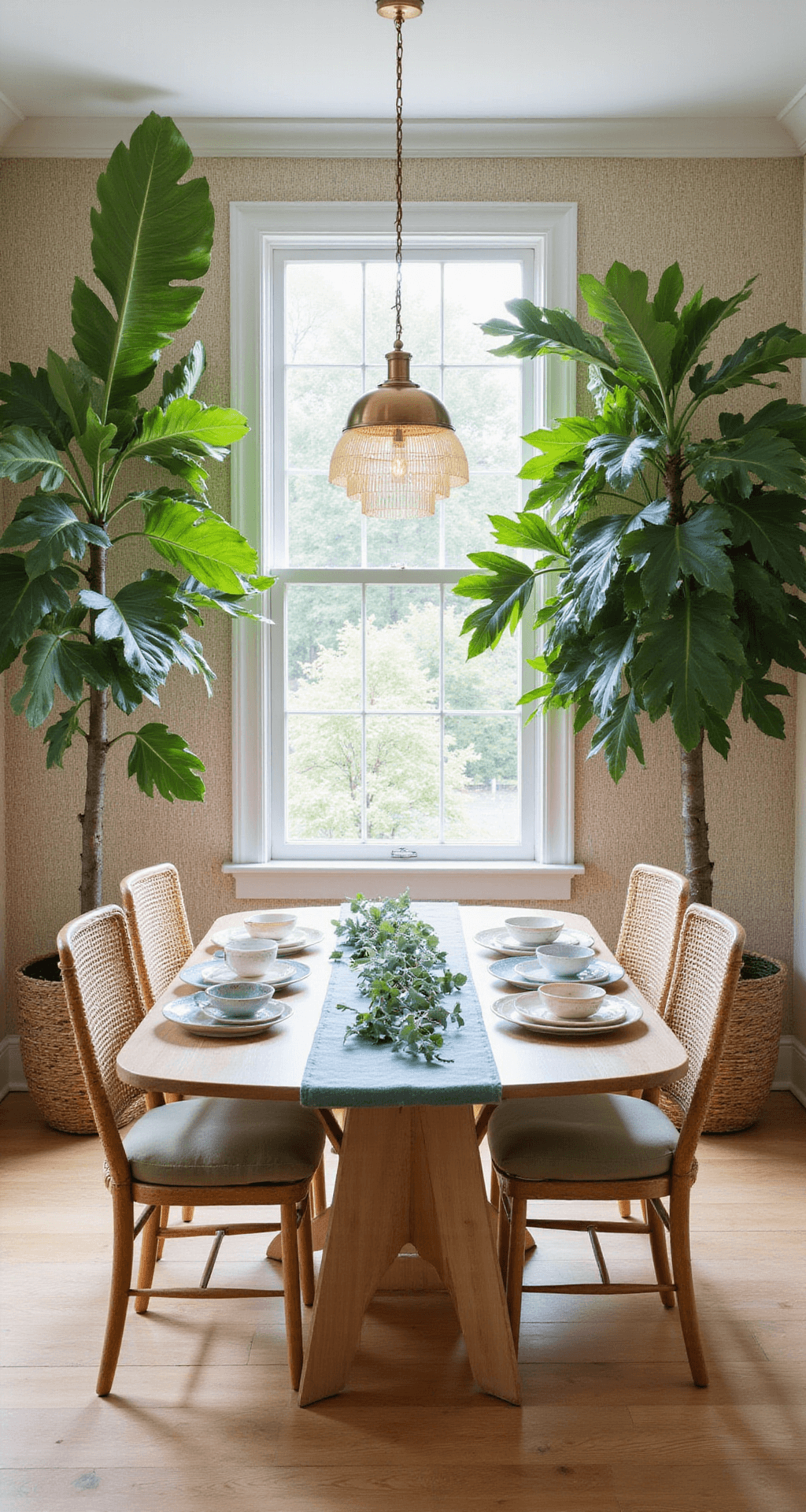Intimate 14x16ft botanical dining space with fiddle leaf fig trees, modern oval bleached oak table, sage green cushioned rattan chairs, vintage brass pendant lamp, and a setting of hand-thrown cream and pale blue ceramics, complemented by a fresh eucalyptus runner against textured grasscloth wallpaper.