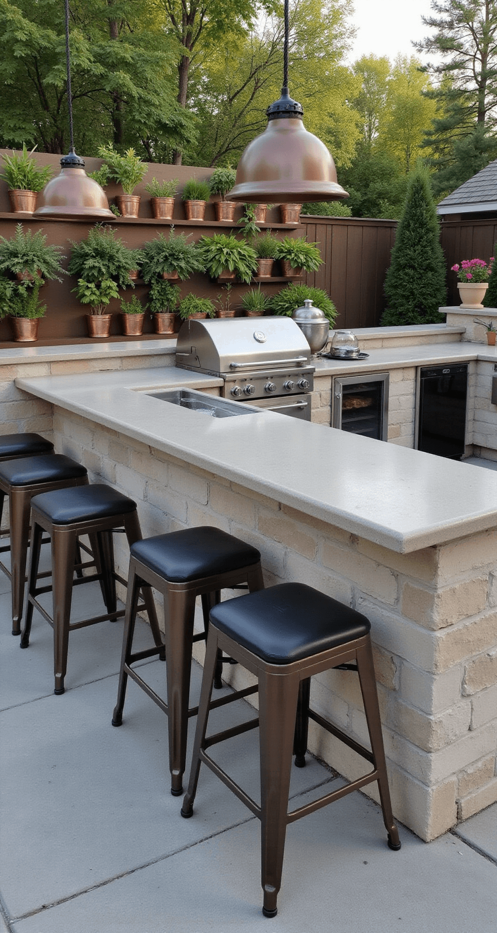 Professional outdoor kitchen featuring stainless steel appliances, including a built-in grill, pizza oven, and wine fridge, alongside a 15ft stone-faced counter with cast aluminum bar stools. Bronze pendant lighting hangs above, with an afternoon sun casting subtle shadows, complemented by a vertical herb garden wall in copper planters.