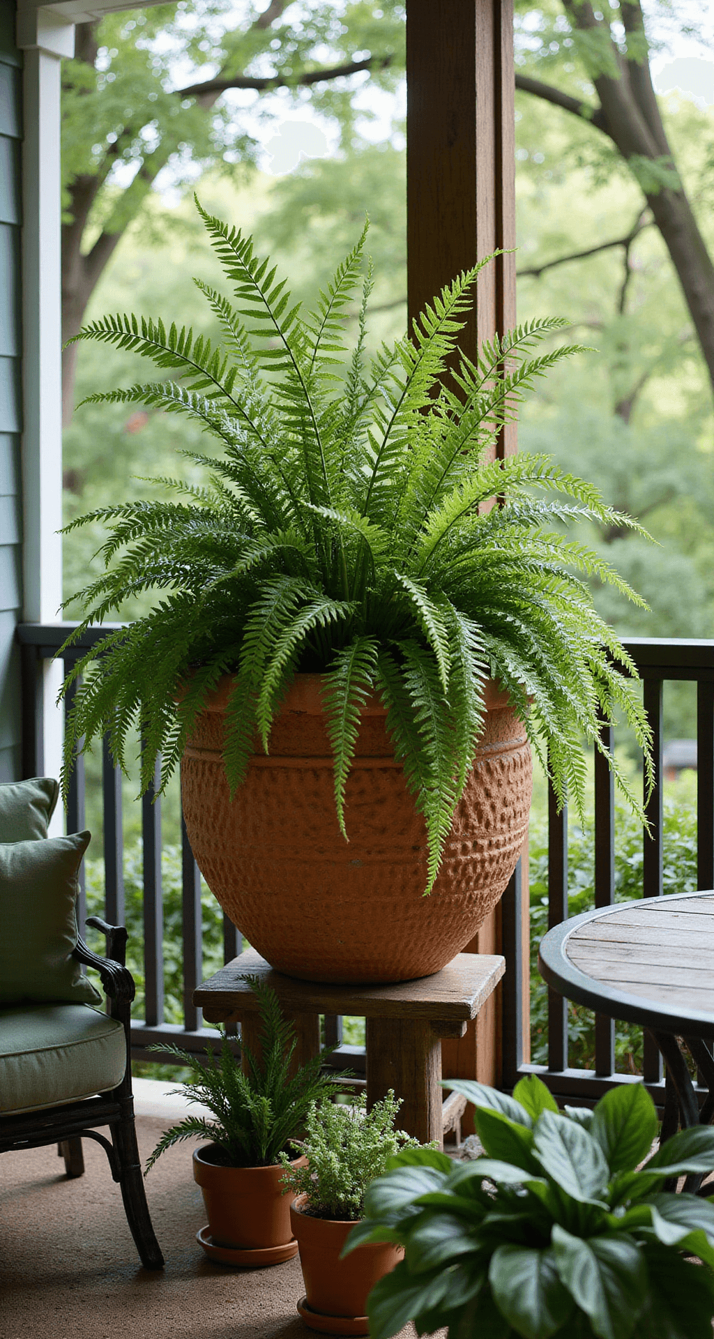 An intimate porch corner with a large ceramic planter filled with 'Tropical Salmon' SunPatiens, foxtail asparagus fern, and 'Neon' pothos, surrounded by smaller terracotta pots of ferns. A wrought-iron bistro set with muted green cushions is visible, all bathed in soft, dappled morning light.