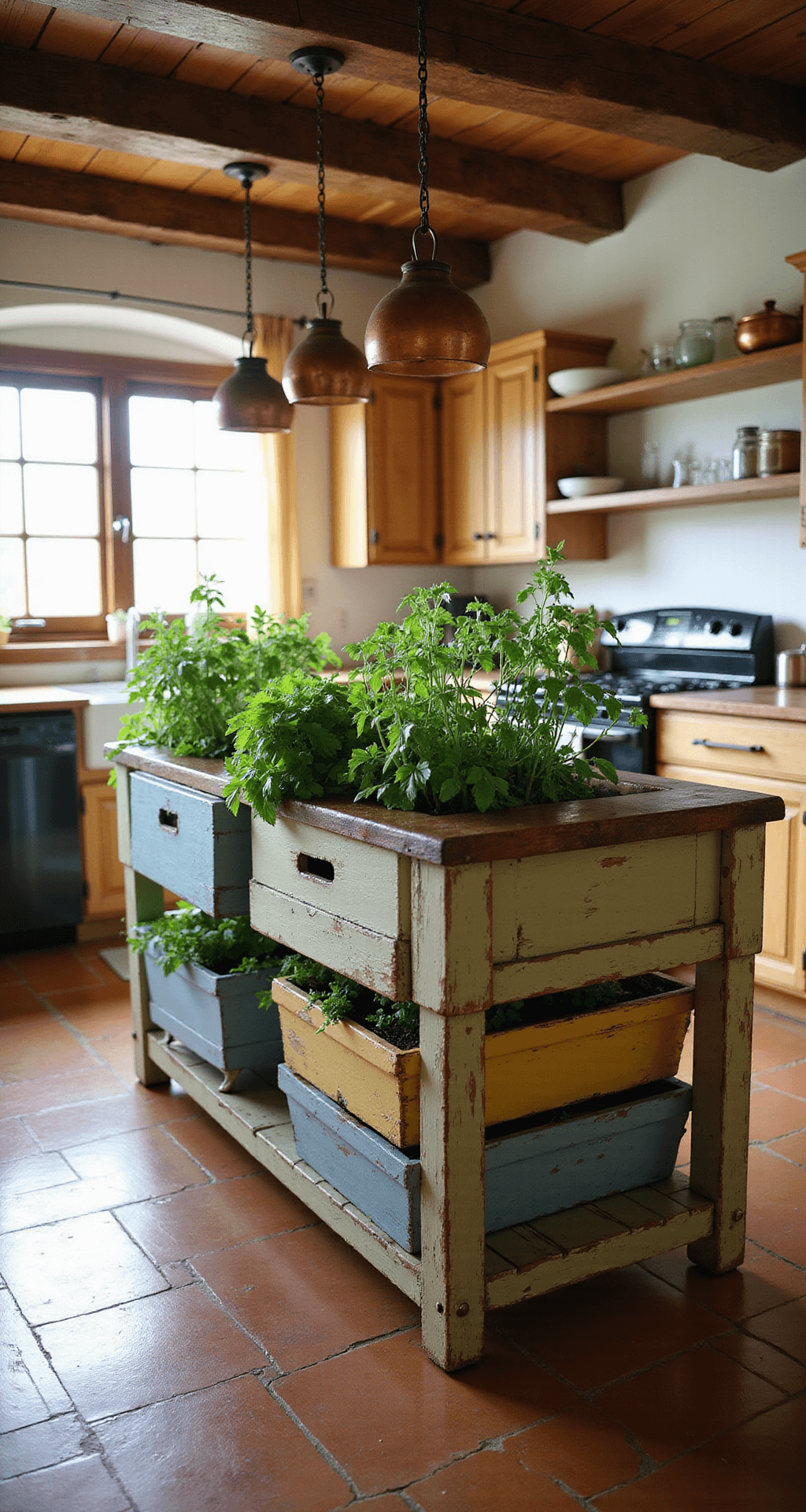 A cozy rustic kitchen with warm morning light, featuring distressed wooden beams, terracotta tile flooring, and a central island with upcycled wooden crate herb planters in muted shades. Fresh herbs spill over the edges, and copper pots hang from a ceiling rack, contributing to the inviting atmosphere.