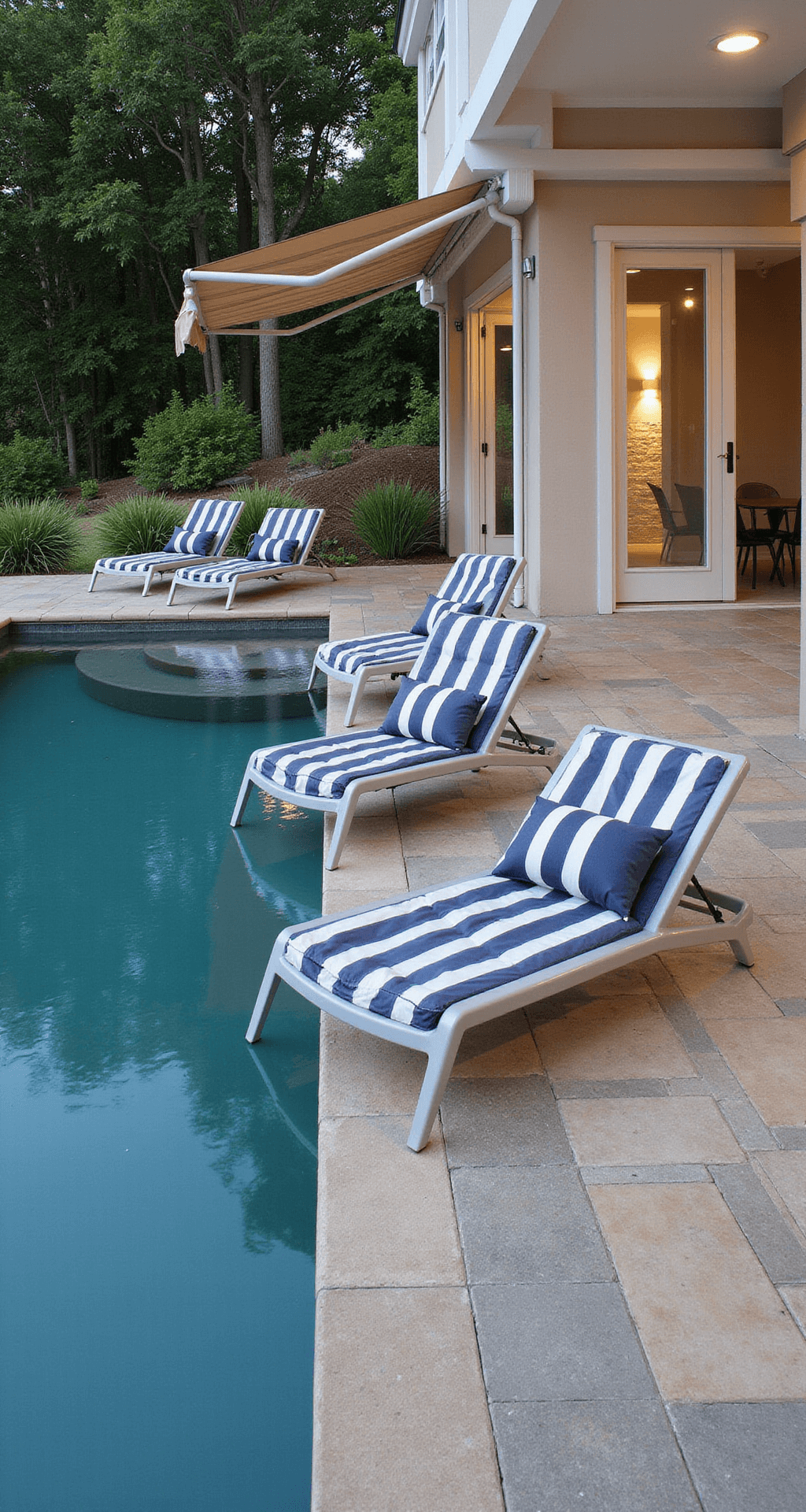 Elevated view of a poolside lounge area featuring four navy-striped chaise lounges along the infinity pool edge, with a retractable awning providing shade, set on travertine decking with geometric patterns, illuminated by morning light and integrated LED pool lighting.