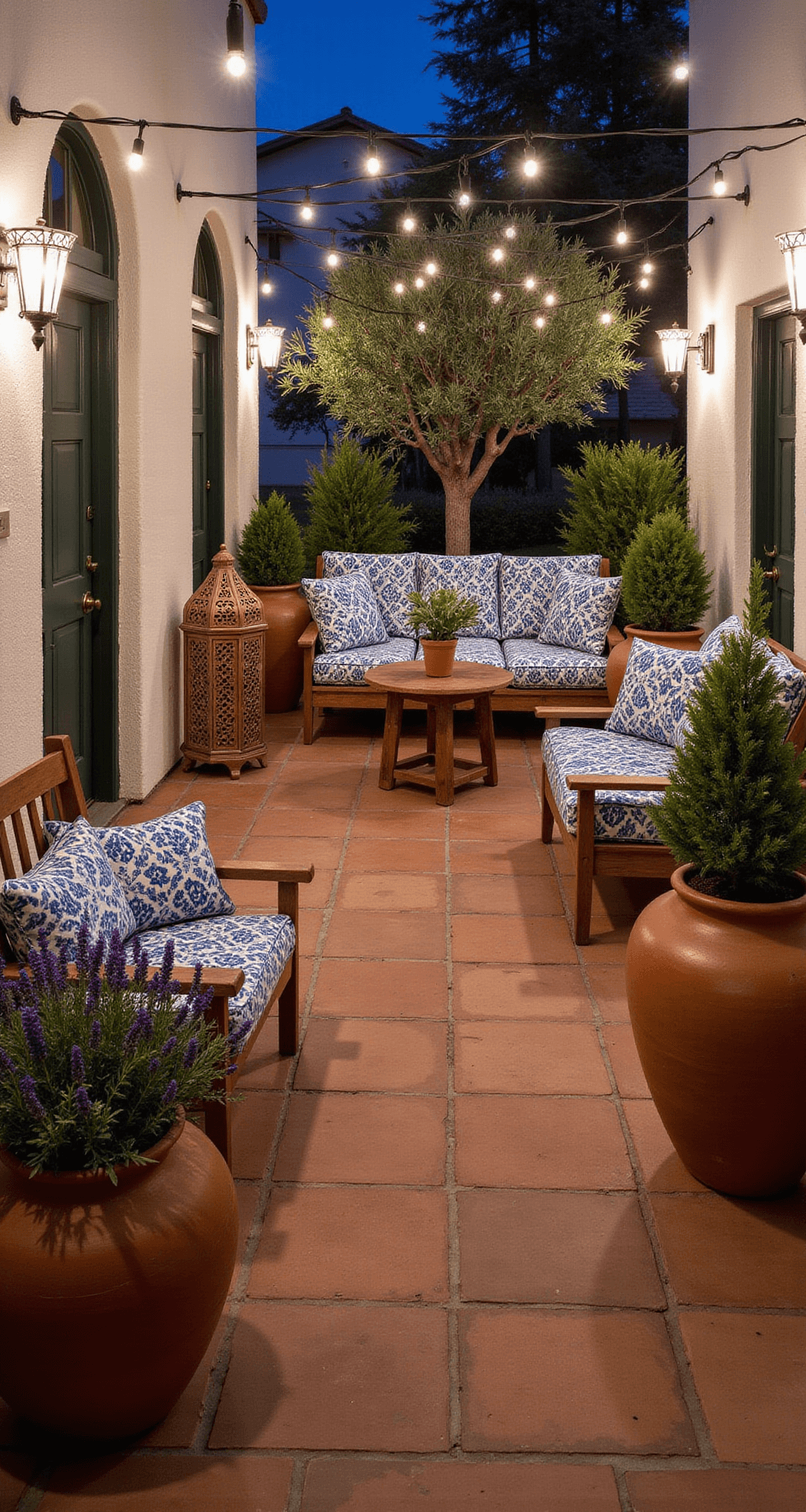 Overhead view of a Mediterranean terrace patio at dusk with terracotta tiles, ambient string lights, contrasting white stucco walls, blue-and-white patterned cushions on teak furniture, overflowing ceramic planters with lavender and olive trees, and Moroccan lanterns casting intricate shadows.