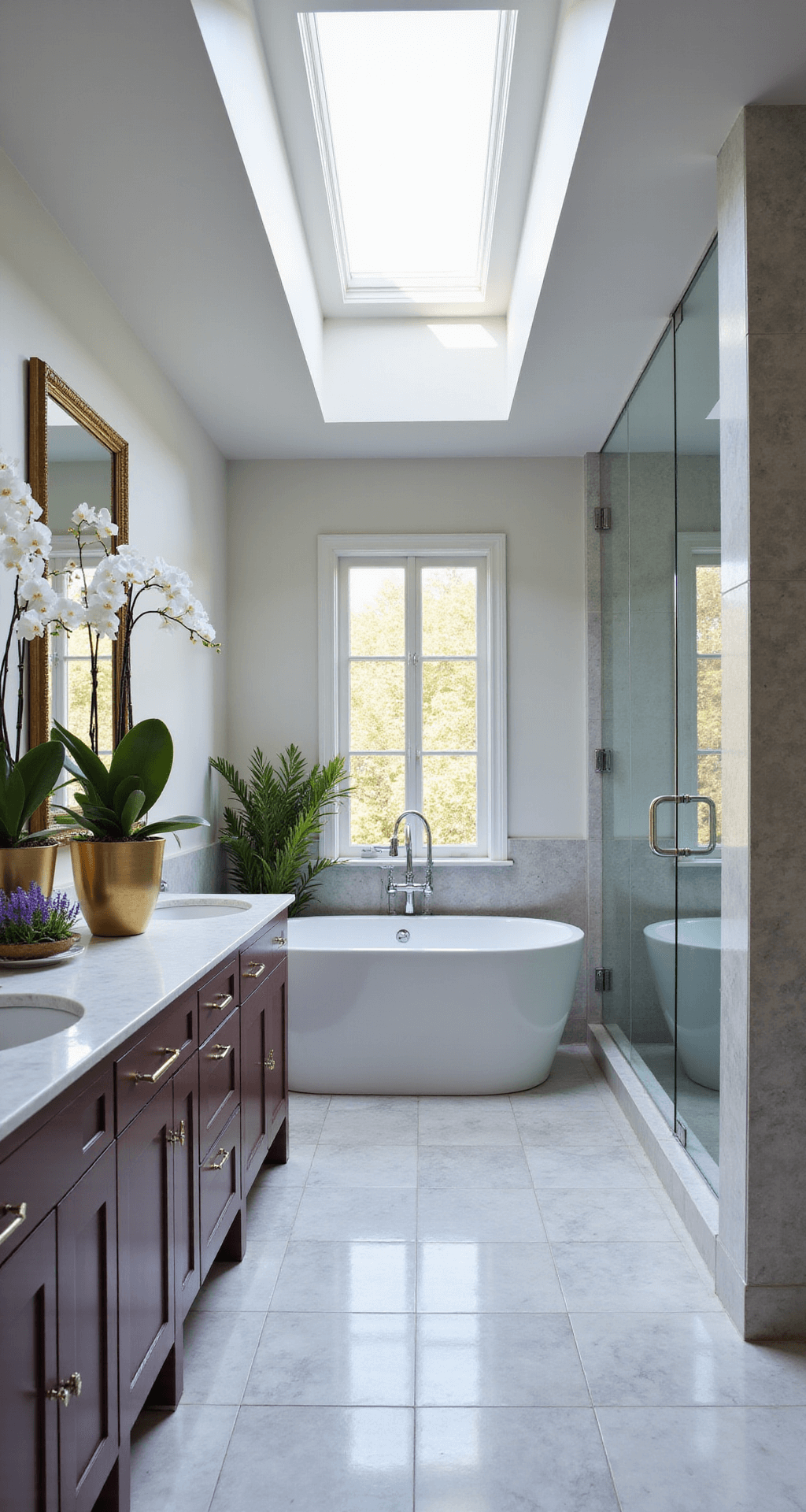 A luxurious master bathroom featuring a freestanding oval tub, tall brass planters with white orchids, and a double vanity with a trough-style sink and built-in herb planters. Marble tiles in gray adorn the space, with a glass shower enclosure reflecting light. The serene color palette includes shades of white, gray, and purple, all illuminated by natural sunlight from a skylight.