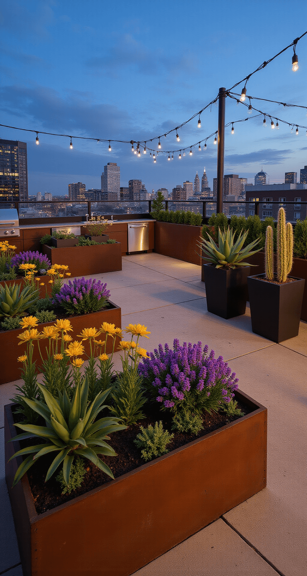 A modern rooftop garden at twilight, featuring Corten steel raised beds with purple salvias and yellow rudbeckias, minimalist black planters with agaves and yuccas, ipe wood and polished concrete flooring, string lights overhead, and a contemporary outdoor kitchen, framed by a twinkling city skyline.