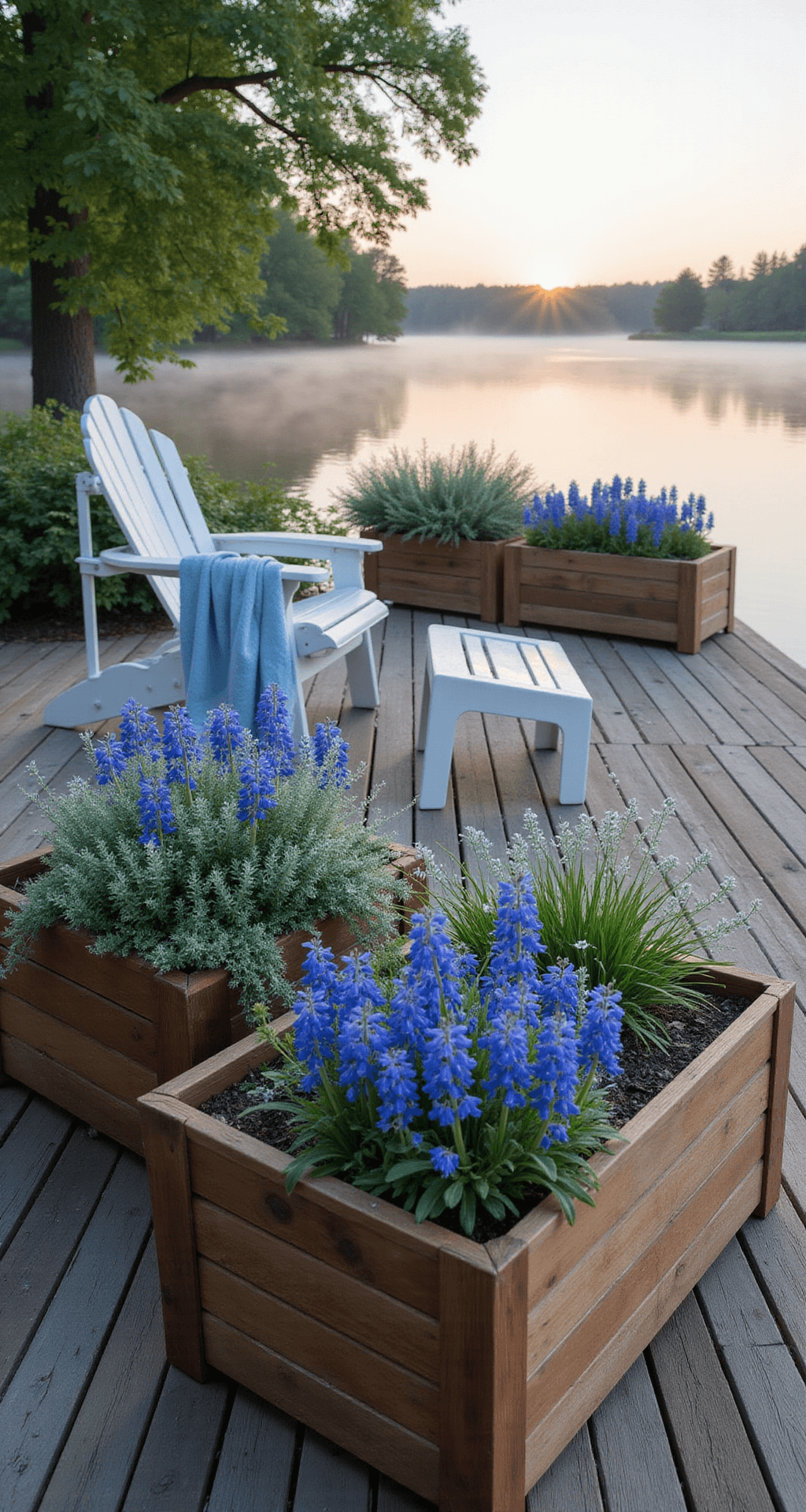 A serene lakeside deck at dawn, featuring large cedar planters with blue flowers and silvery foliage, a white Adirondack chair with a blue throw, and morning mist over the water, creating a dreamy atmosphere.