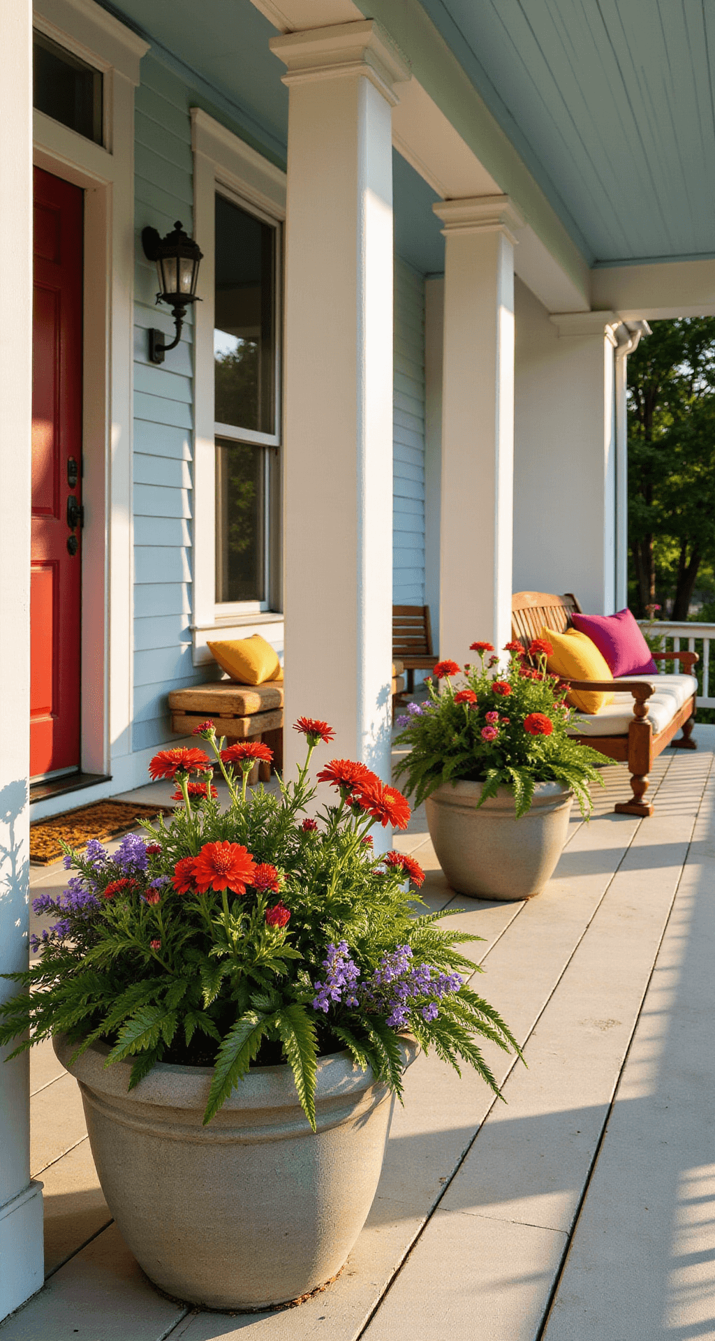 A sunlit front porch featuring classic white columns and a pale blue ceiling, adorned with vibrant flowers in large concrete planters beside a red front door. A rustic wooden bench with colorful throw pillows completes the scene, all illuminated by warm golden light casting shadows on the weathered floorboards.