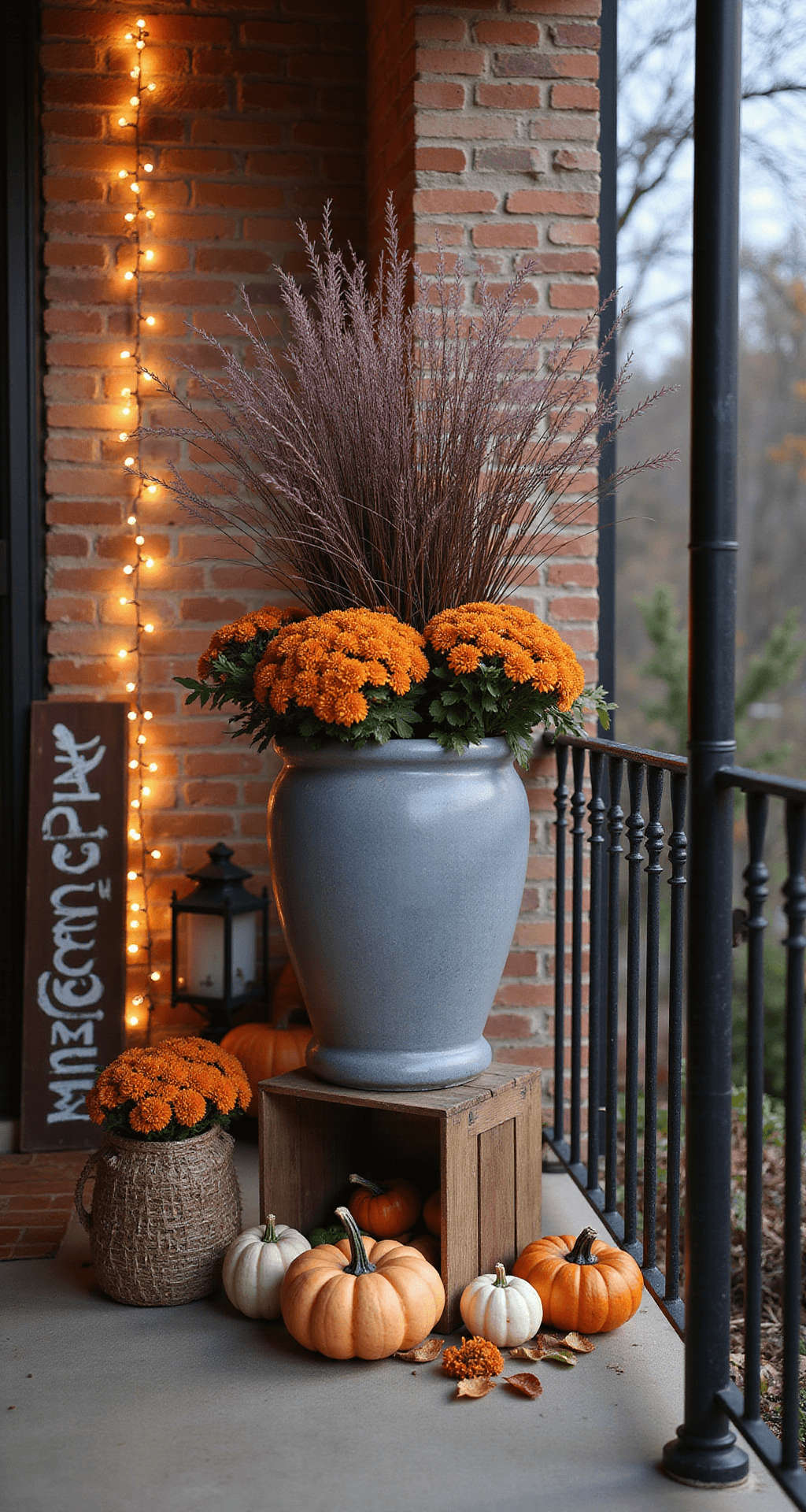 A cozy fall porch vignette featuring a tall gray round planter overflowing with dried purple fountain grass, vibrant orange mums, and heirloom pumpkins, set on a vintage crate against aged brick walls adorned with warm string lights. A hand-painted 'Welcome Fall' sign leans nearby, all captured in rich, warm tones for an inviting autumn atmosphere.