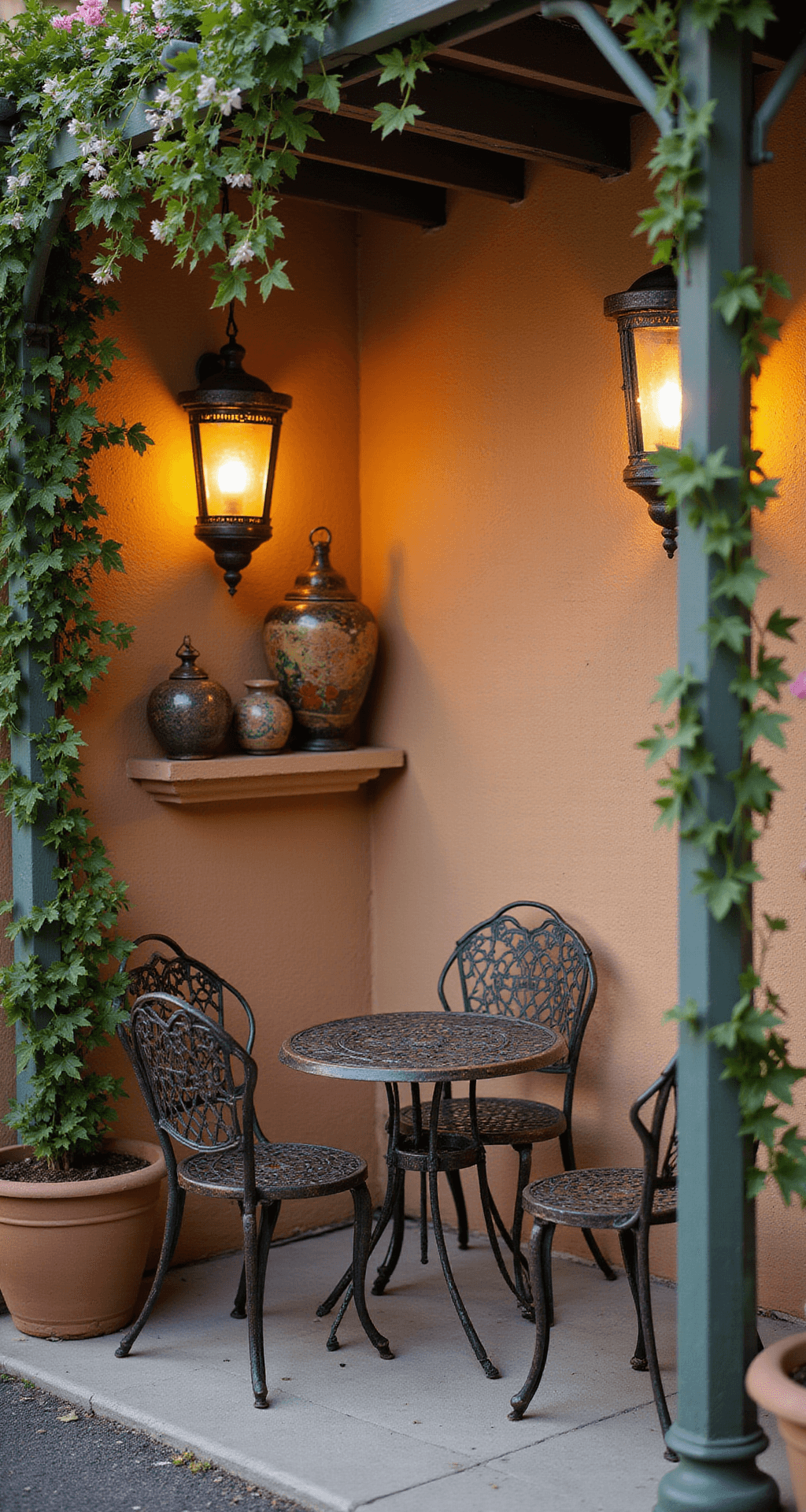 Cozy bistro corner at golden hour featuring an antique bronze cast aluminum set under a pergola adorned with flowering vines, Moroccan lanterns overhead, and a textured stucco wall with Mediterranean pottery, creating an intimate atmosphere.