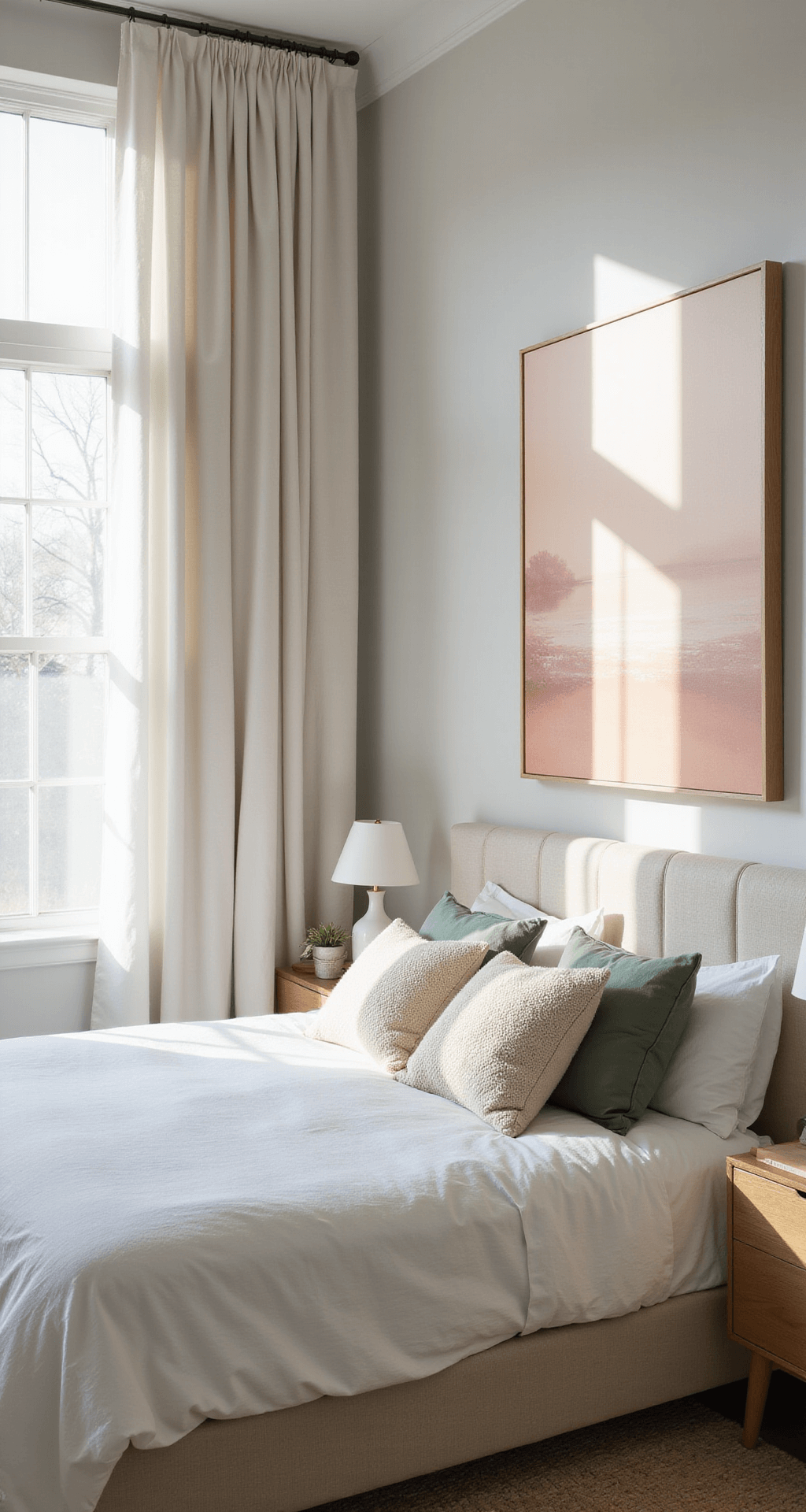 A minimalist bedroom at sunrise, featuring floor-to-ceiling windows with white linen drapes, a platform bed with cloud-white bedding and sage and cream pillows, pale oak nightstands with ceramic lamps, and large abstract art in soft blush tones.