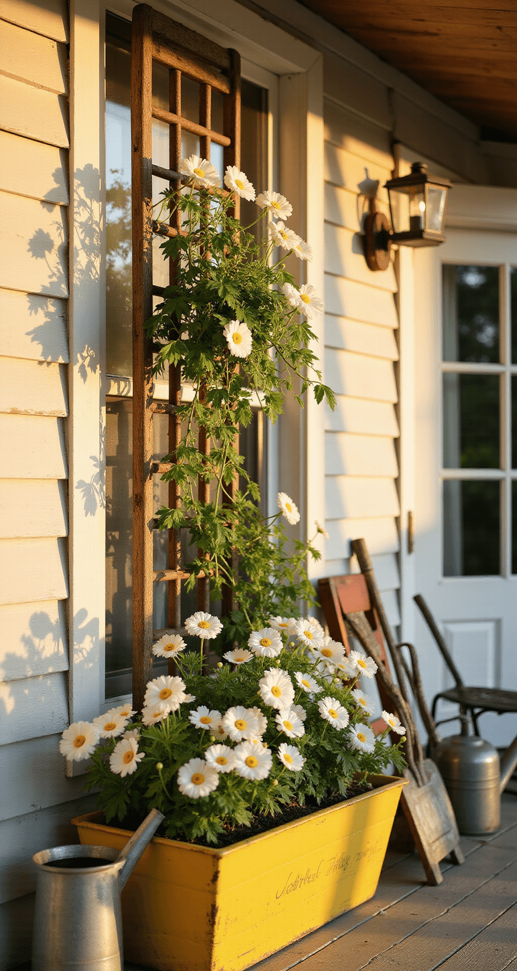 Close-up of a vibrant cottage-style porch featuring a DIY yellow painted planter with a vertical garden of climbing clematis and cream-white poppies, illuminated by golden hour sunlight, with vintage galvanized watering cans and garden tools nearby, and cottage details softly blurred in the background.