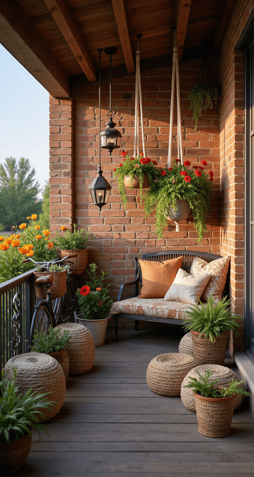 An eclectic boho-inspired porch with exposed brick walls and dark wood floor, featuring a variety of planters filled with light orange, red, and dark yellow poppies, macramé plant hangers, mismatched outdoor pillows and poufs, Moroccan-inspired lanterns, and a vintage bicycle with a basket of fresh flowers, all captured in warm tones and soft focus.