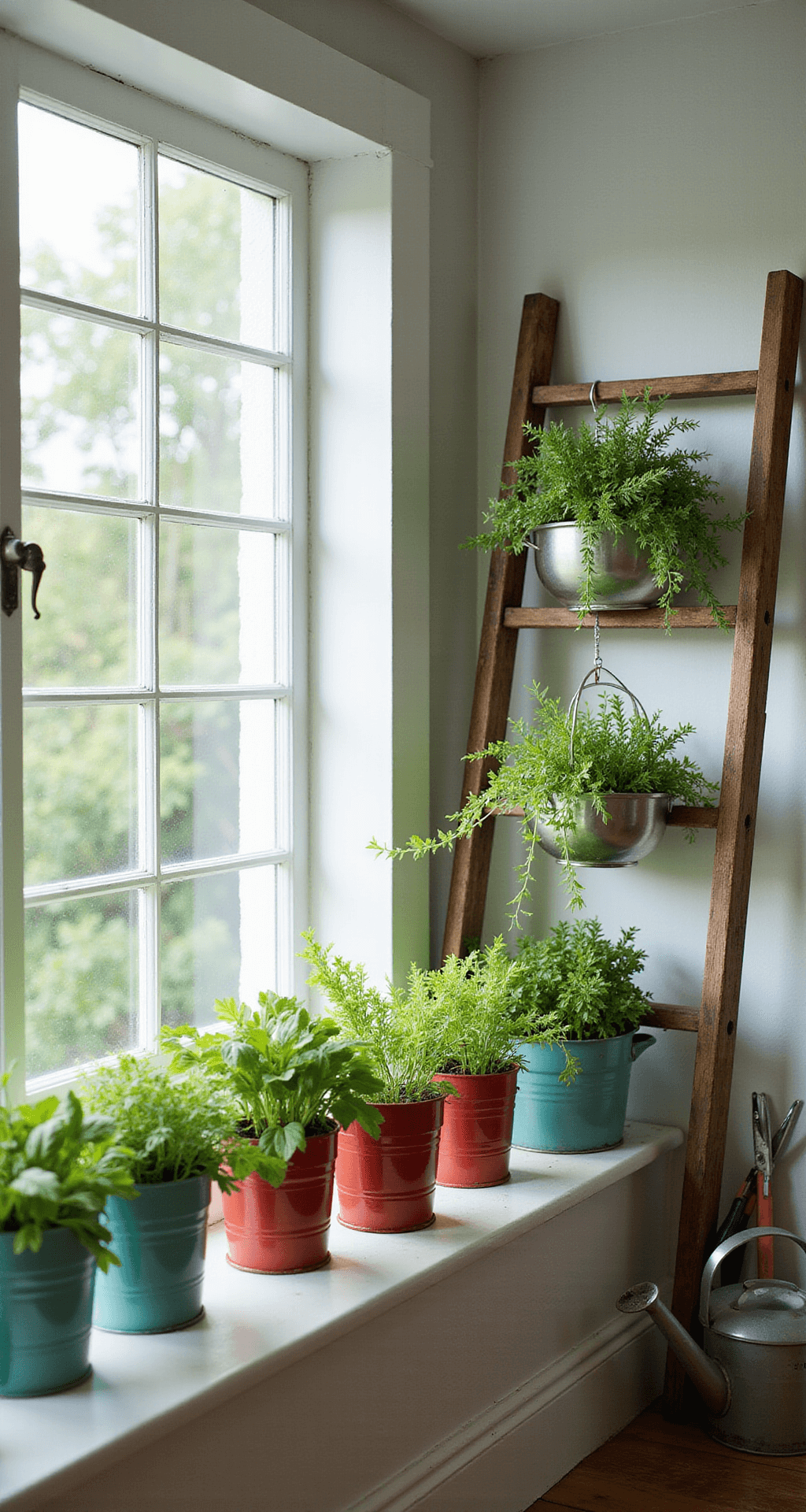 A sunny kitchen windowsill filled with a creative herb garden in colorful vintage tea tins, illuminated by soft morning light. A rustic wooden ladder leans against the wall, holding hanging colanders with trailing herbs. The scene features pastel blues, greens, and red accents, with pruning shears and a watering can nearby.