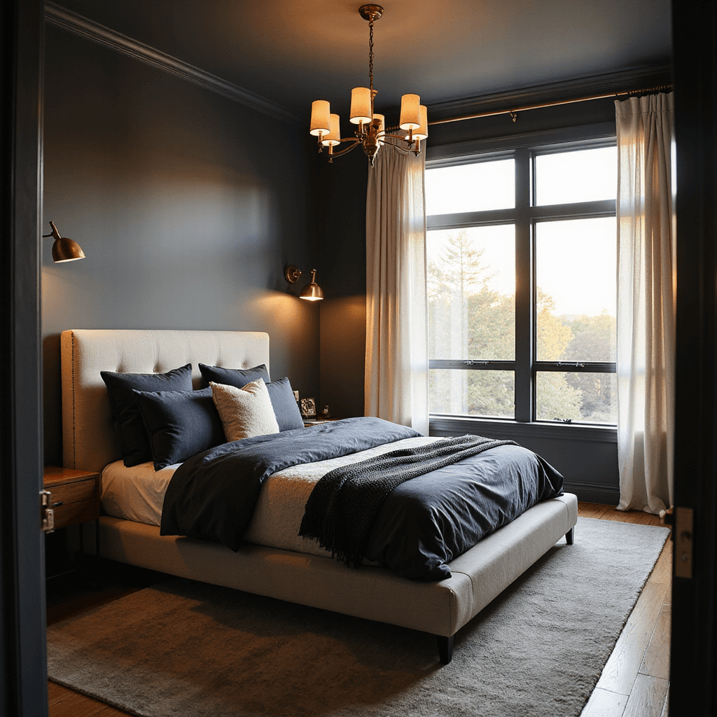 Interior view of a moody master bedroom with dark gray walls and ivory drapes, featuring a king-size platform bed adorned in layered charcoal, navy, and ivory bedding. Brass accents and a modern chandelier illuminate the space as golden hour light streams through large west-facing windows, casting dramatic shadows. The image is taken from a 45-degree angle at the doorway, highlighting the room's depth and texture in soft focus.