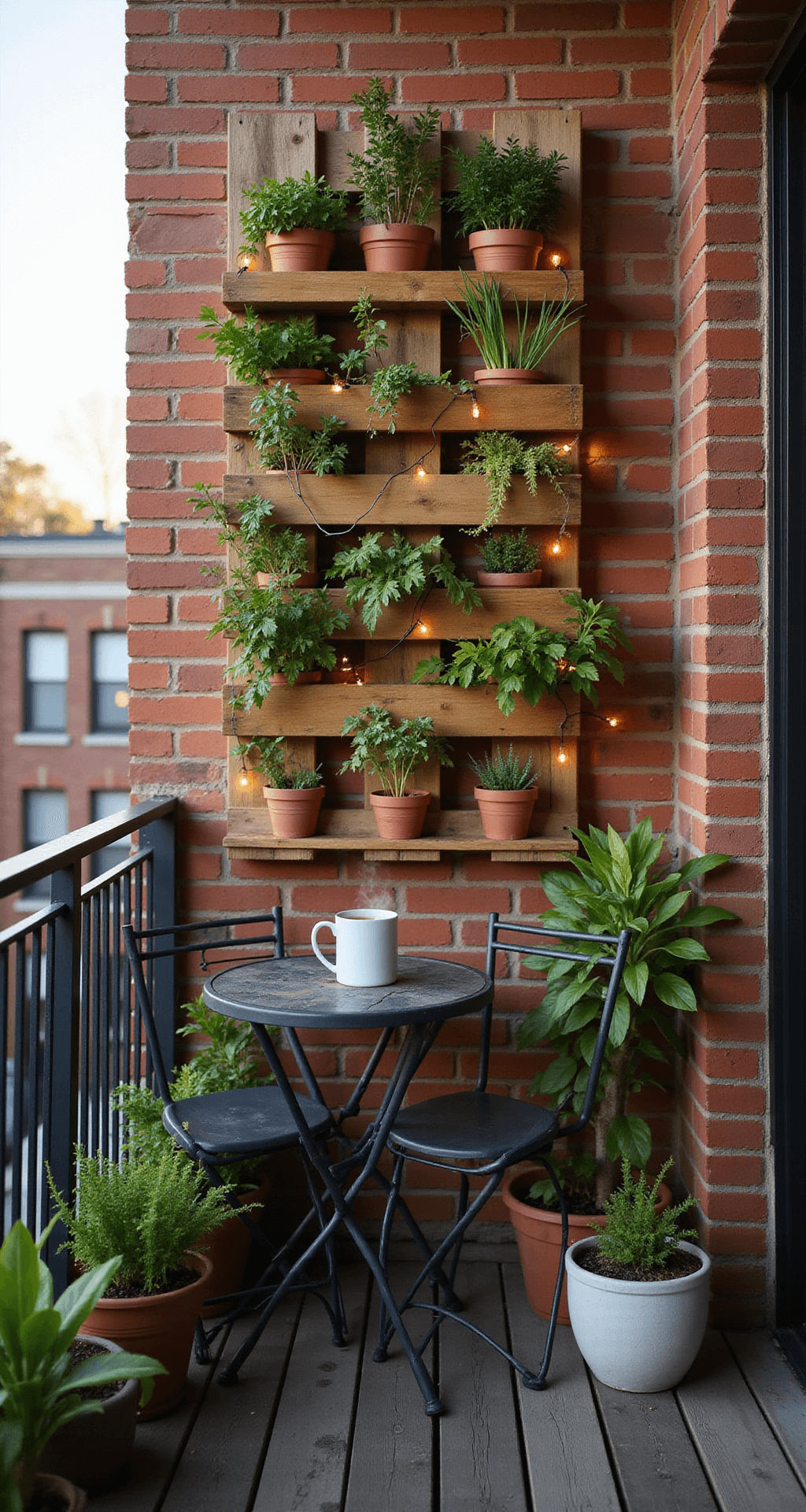 An urban balcony featuring a vertical herb garden made from a repurposed wooden pallet with terracotta pots, string lights for ambiance, a small bistro table with chairs, and a steaming mug of herbal tea, all illuminated by warm golden hour sunlight.