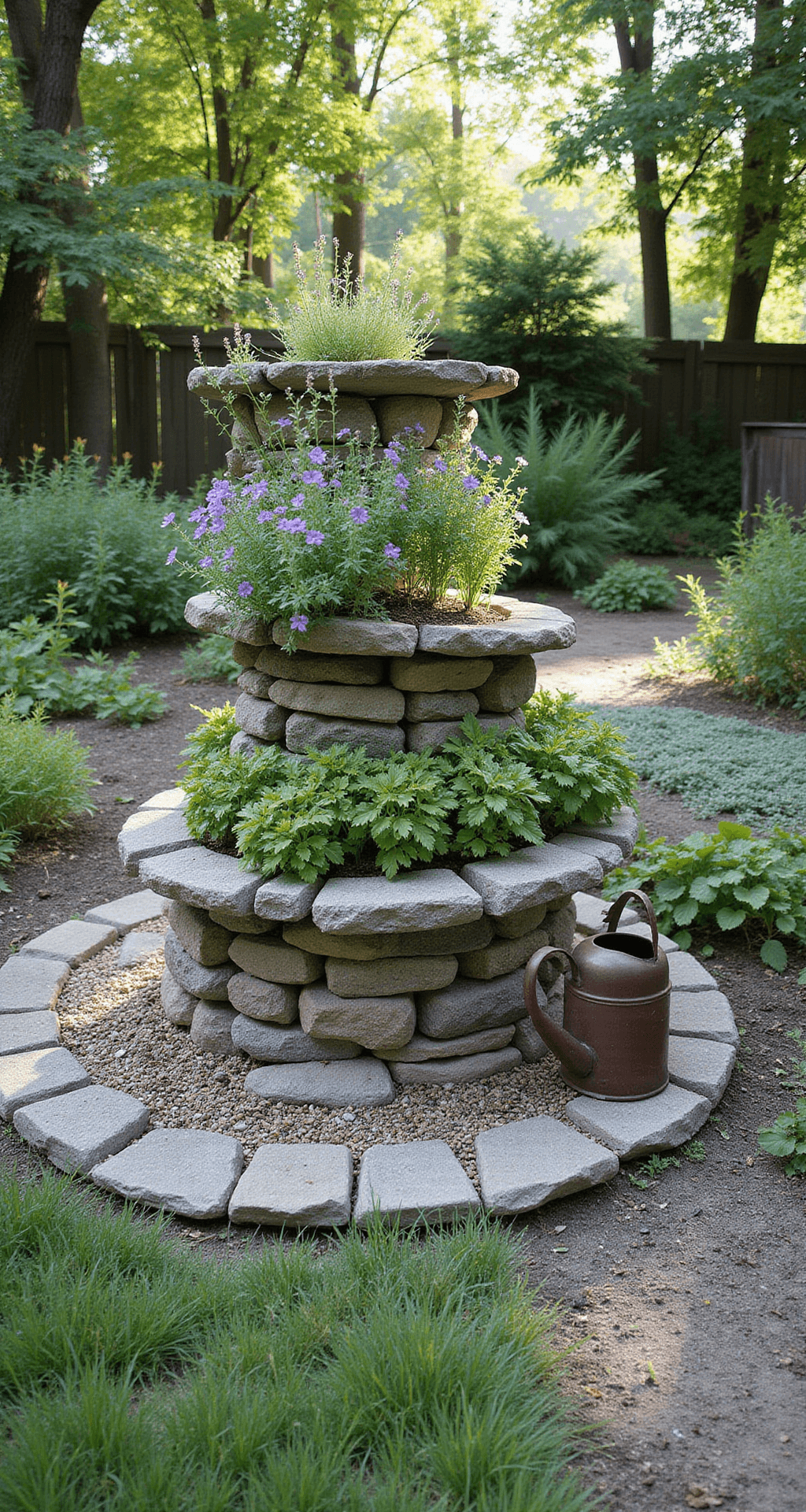 A rustic herb spiral made of weathered stones in a cottage garden, featuring drought-tolerant herbs at the top and moisture-loving herbs at the base, with a vintage watering can nearby. Soft afternoon light filters through trees, casting dappled shadows, and highlights the greens, greys, and pops of purple from flowering herbs. Captured from a low angle to emphasize the spiral's height.