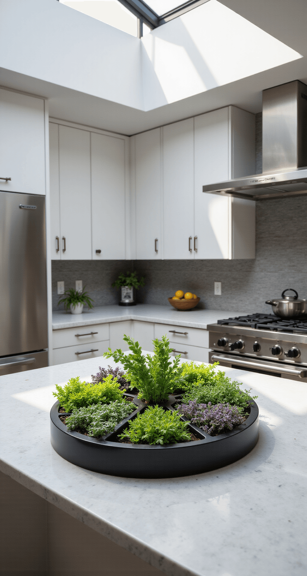 An overhead view of a 24-inch diameter indoor herb wheel planter on a sleek marble countertop, divided into six wedges filled with various herbs, surrounded by minimalist white cabinets and stainless steel appliances, with bright noon sunlight streaming in from a skylight.