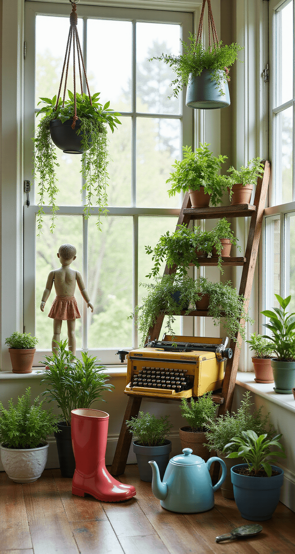 A whimsical sunroom herb garden featuring upcycled items like old rain boots, teapots, and a vintage typewriter as plant containers. A repurposed ladder serves as a tiered planter stand, and macramé hangers suspend colanders with trailing herbs. The eclectic space is filled with pastel and bold primary colors, illuminated by bright, diffused natural light from multiple windows, creating a charming and vibrant atmosphere.