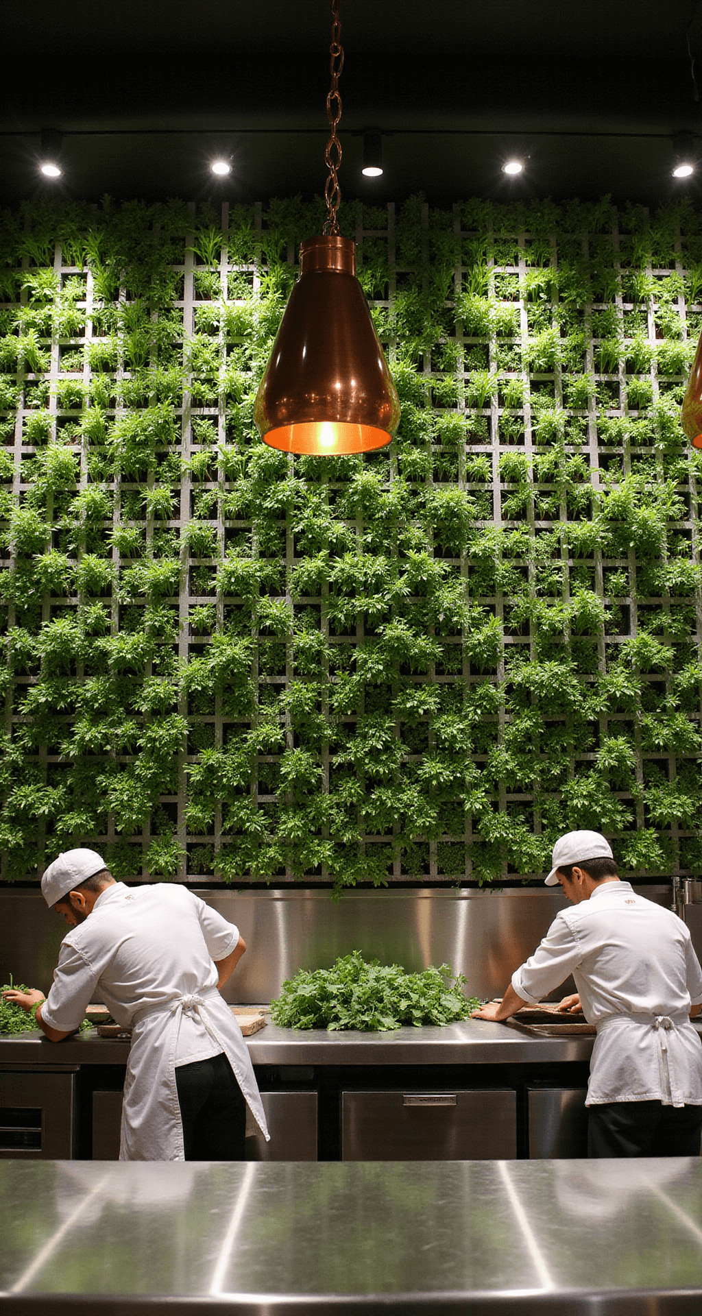 A vertical herb wall in a modern restaurant kitchen features a grid of small planters filled with various culinary herbs, illuminated by LED grow lights. Stainless steel counters and copper pots enhance the setting, while chefs in white uniforms harvest fresh herbs in the foreground.